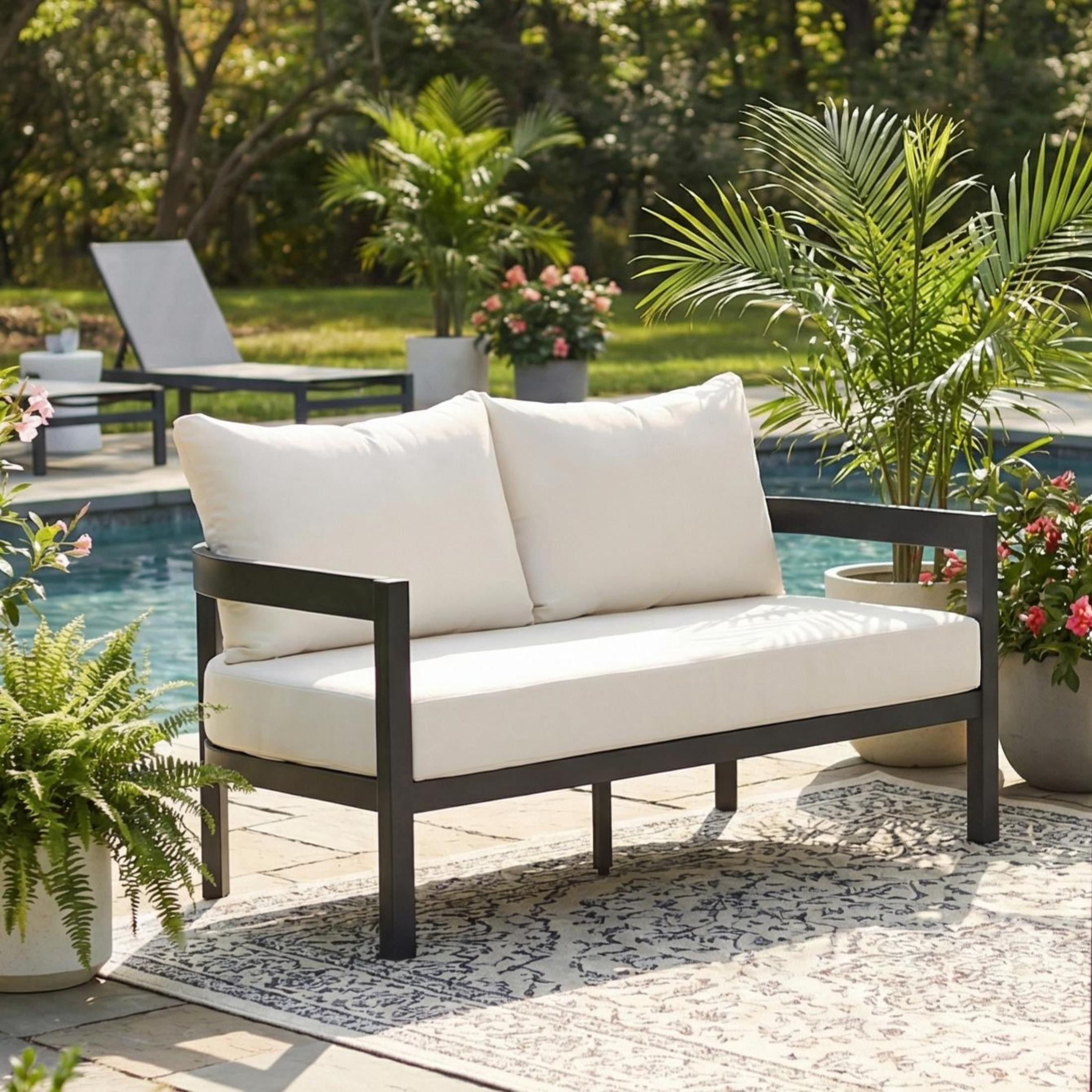 Christopher Knight Home Outdoor Aluminum Loveseat with Cushions, Curved Back, Black + White