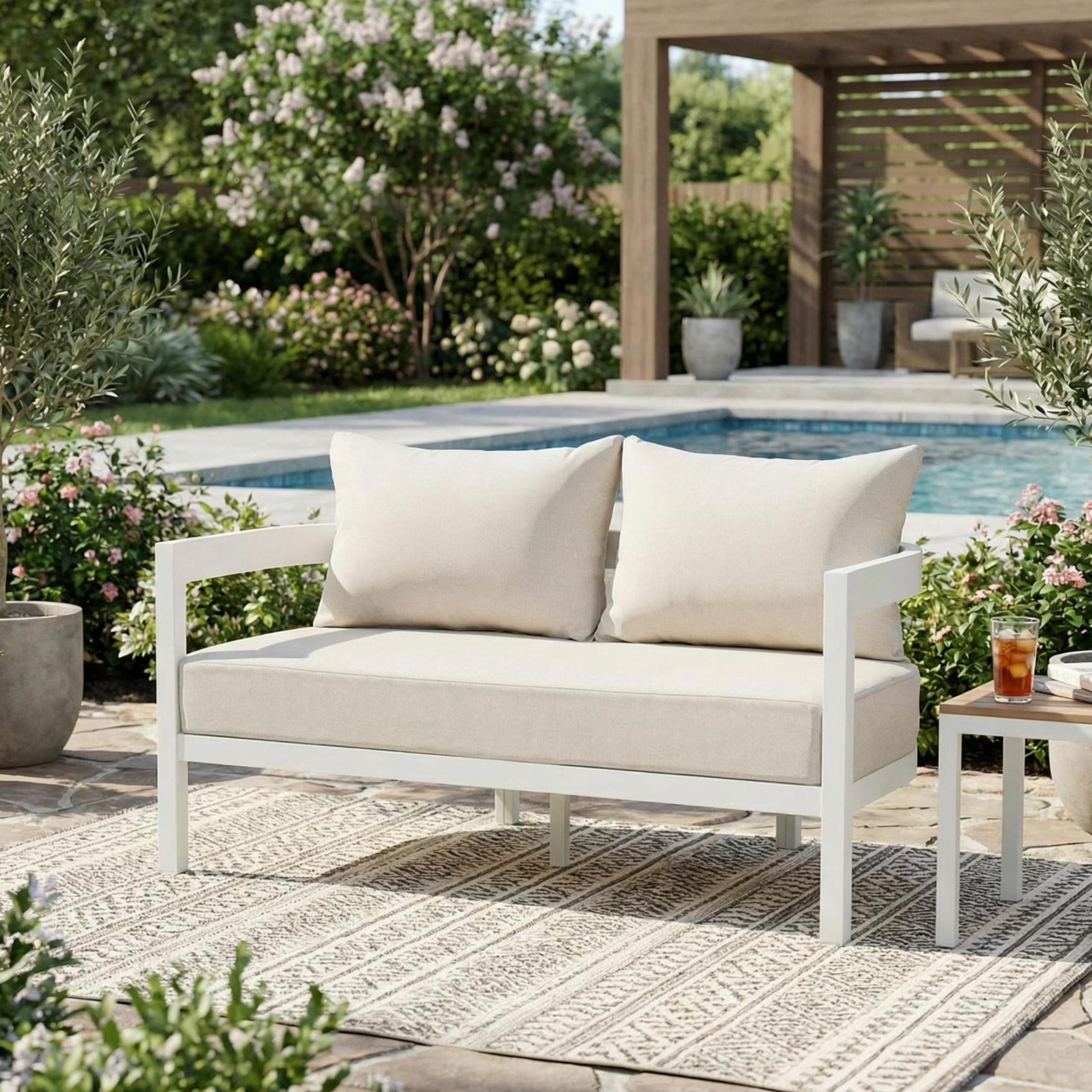 Christopher Knight Home Outdoor Aluminum Loveseat with Cushions, Curved Back, White + Beige