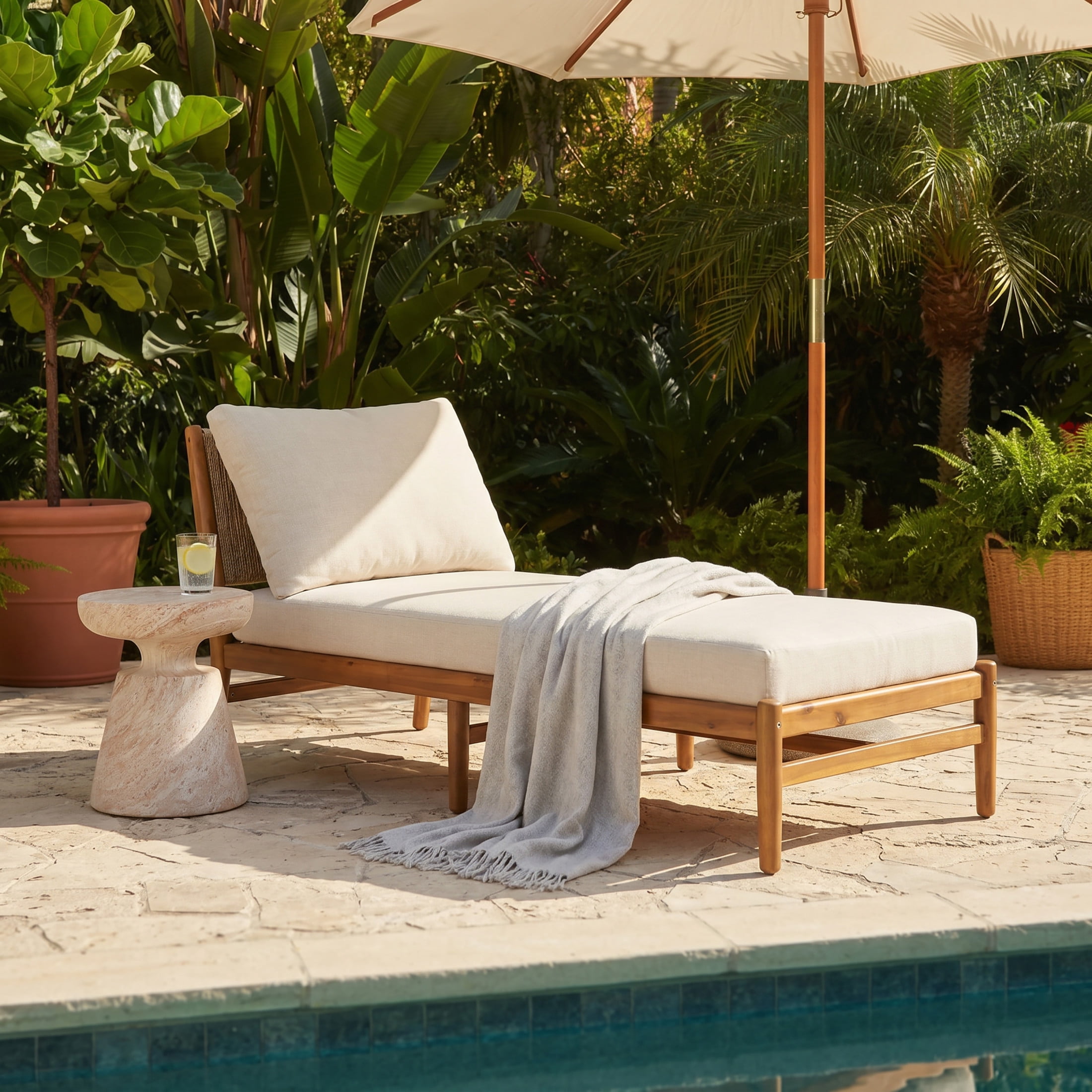 Christopher Knight Home Outdoor Chaise Lounge, Acacia Wood with Woven Rope, Beige Cushions, Teak