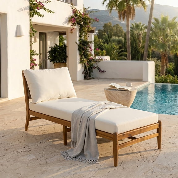 Christopher Knight Home Outdoor Chaise Lounge, Acacia Wood with Woven Rope, Cream Cushions, Teak