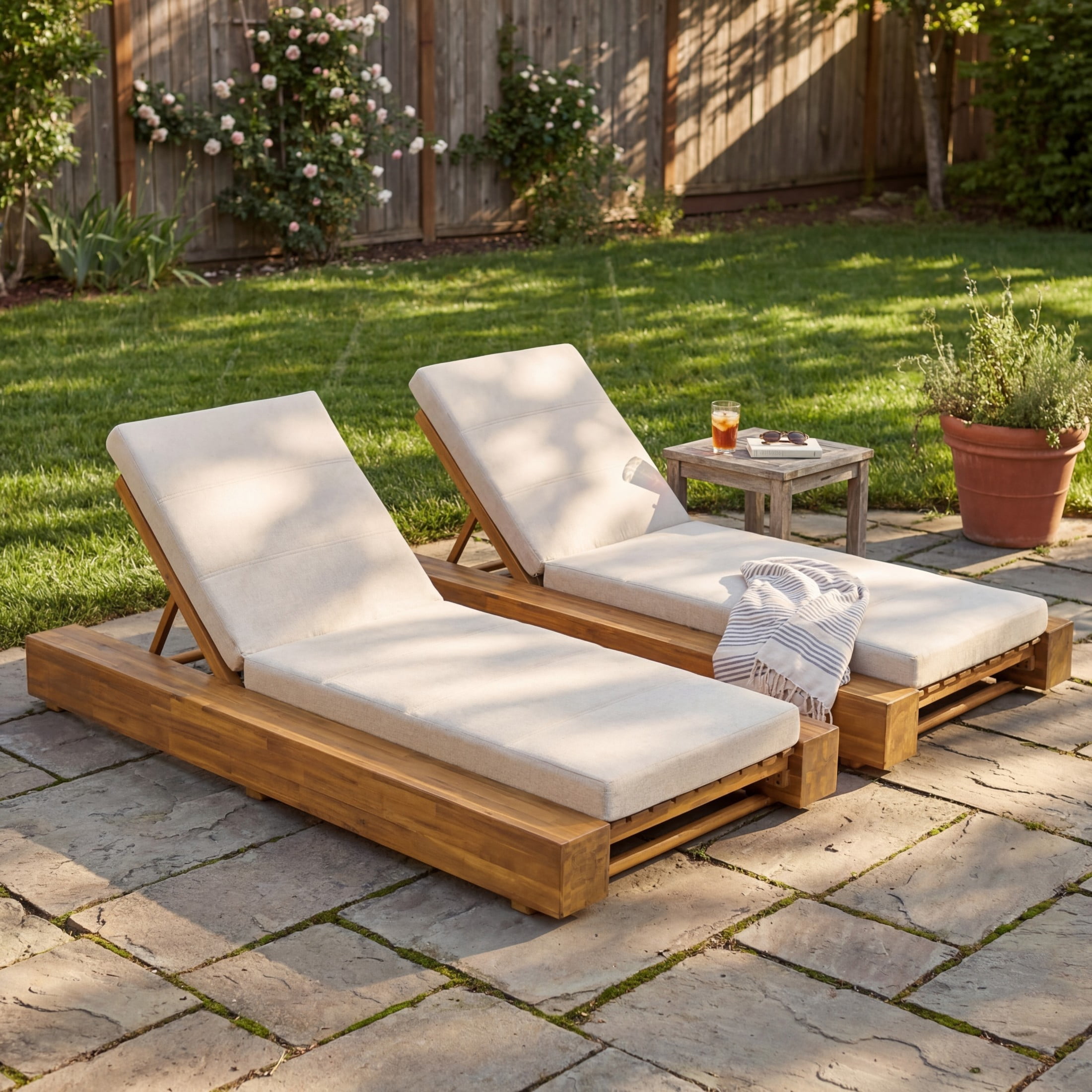 Christopher Knight Home Outdoor Chaise Lounge Set of 2 with Cushions, Adjustable Backrest, Teak + Beige
