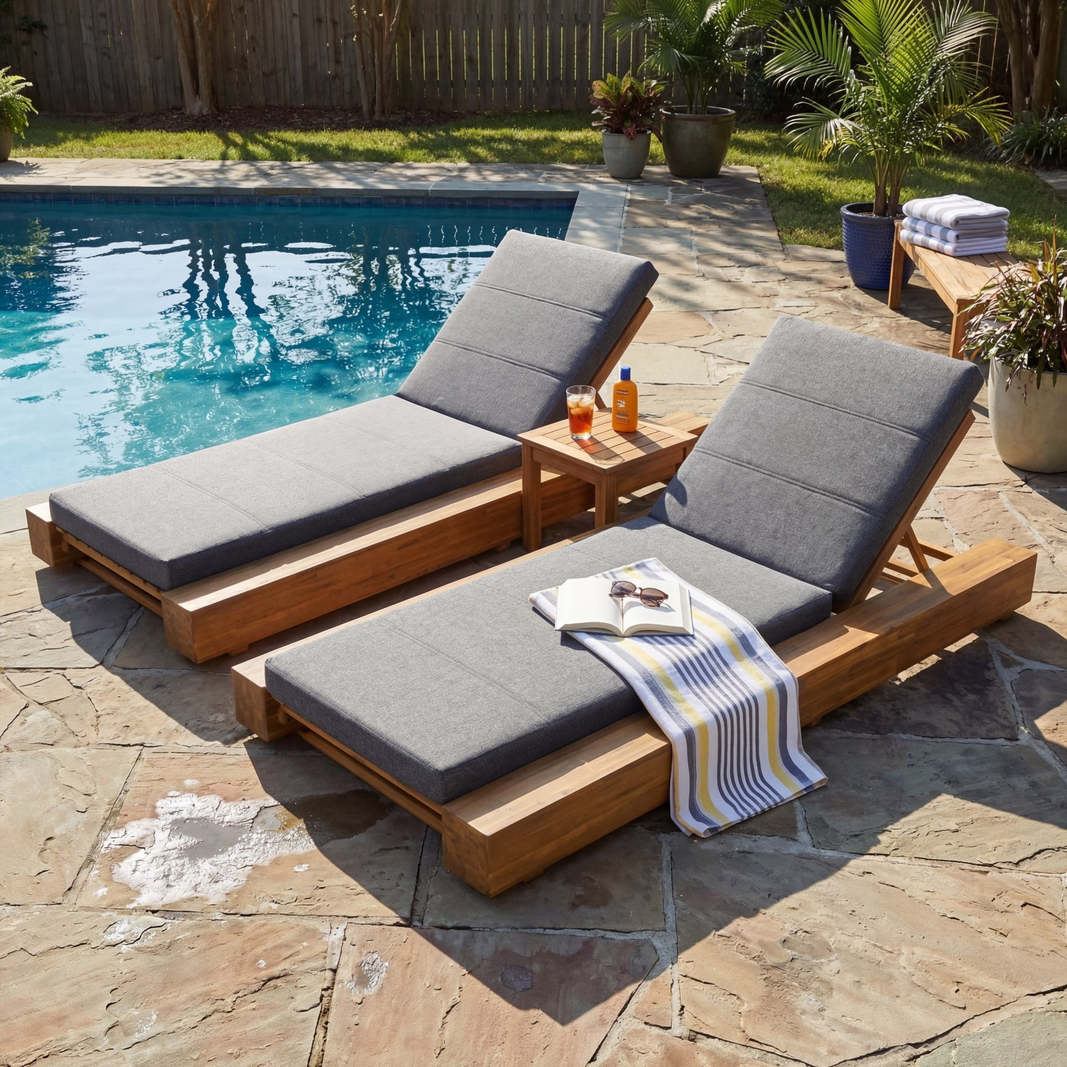 Christopher Knight Home Outdoor Chaise Lounge Set of 2 with Cushions, Adjustable Backrest, Teak + Gray