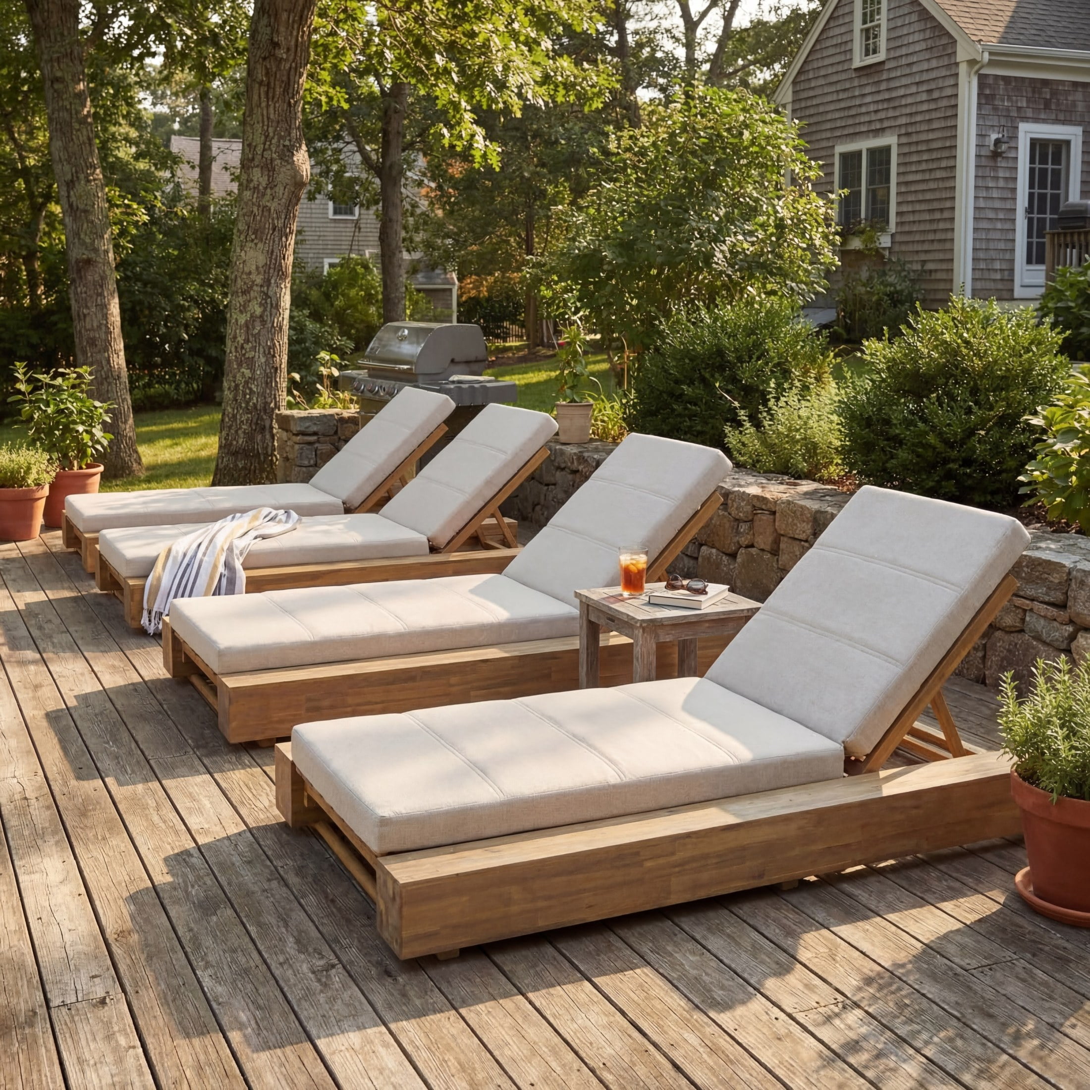 Christopher Knight Home Outdoor Chaise Lounge Set of 4 with Cushions, Adjustable Backrest, Teak + Beige
