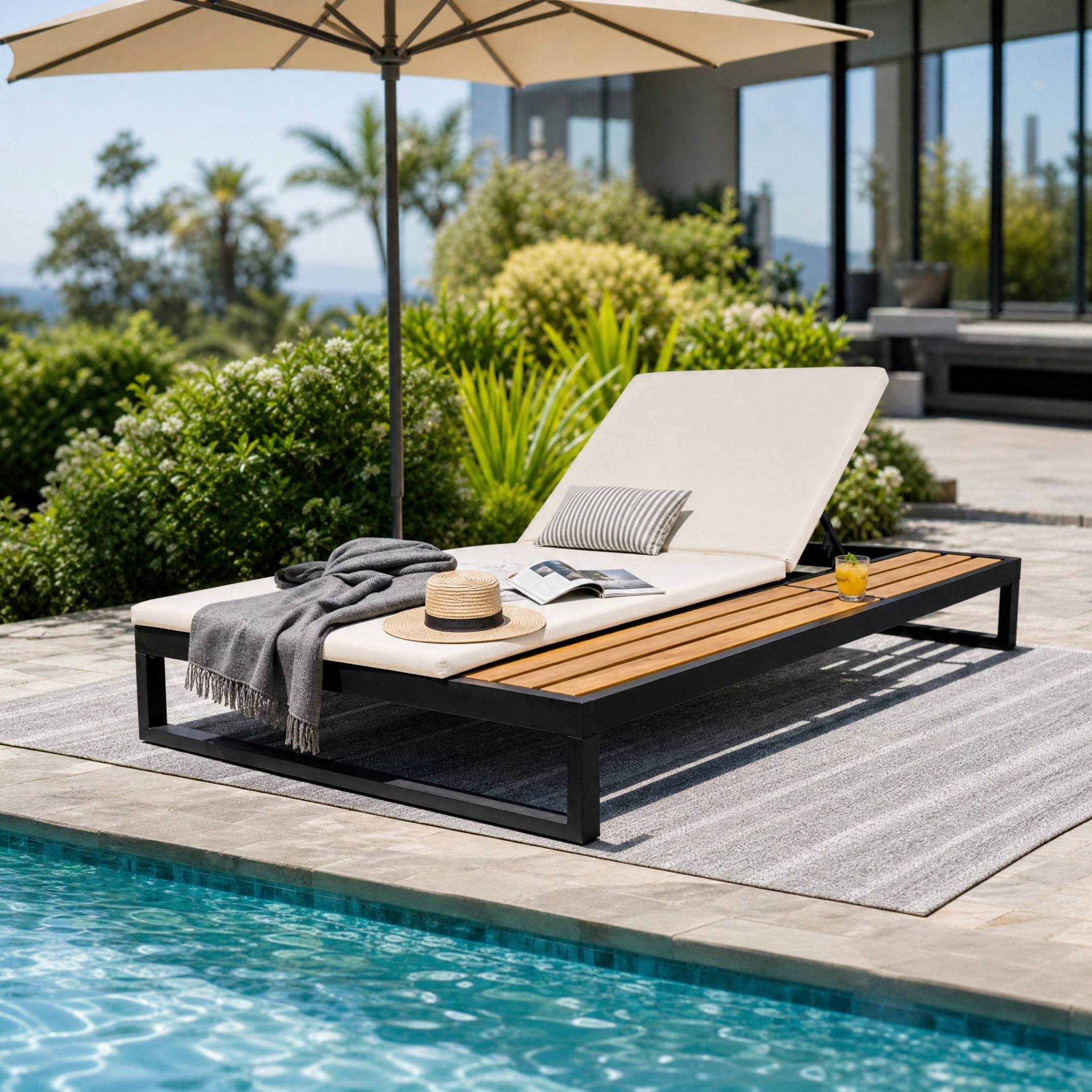Christopher Knight Home Outdoor Chaise Lounge with 1.57" Cushion, 5-Position Recliner, Black + Cream