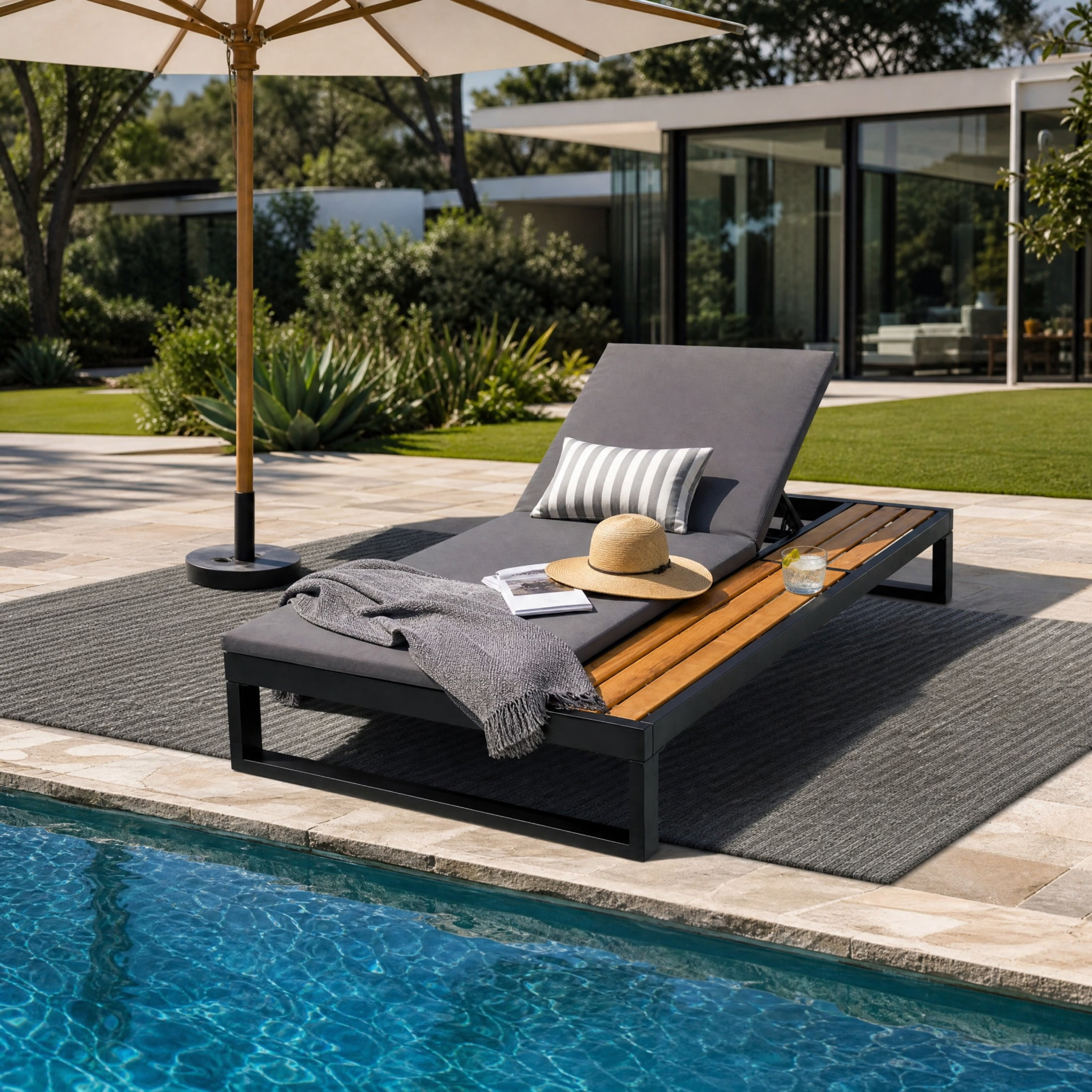 Christopher Knight Home Outdoor Chaise Lounge with 1.57" Cushion, 5-Position Recliner, Black + Dark Gray