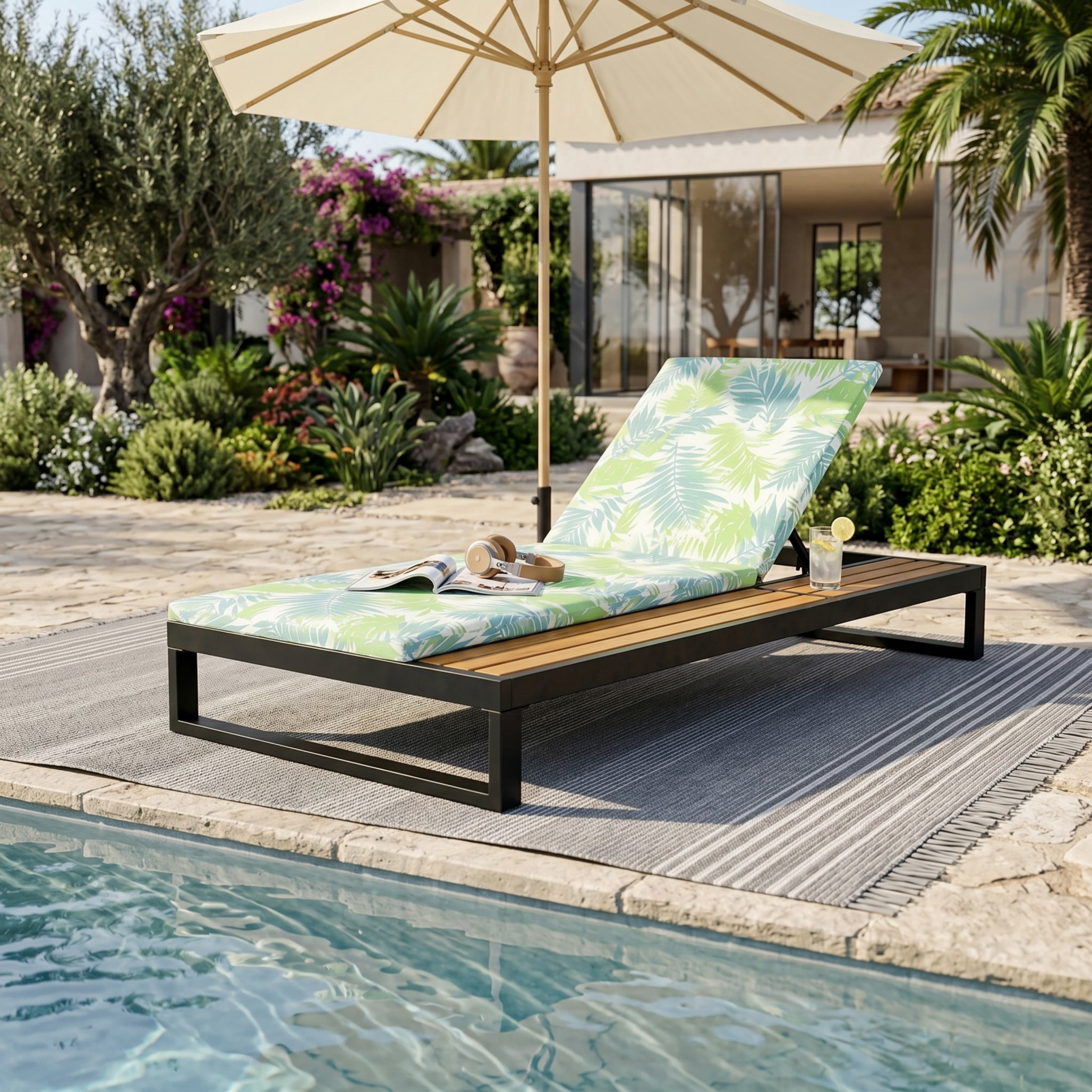 Christopher Knight Home Outdoor Chaise Lounge with 1.57" Cushion, 5-Position Recliner, Black + Green Leaf