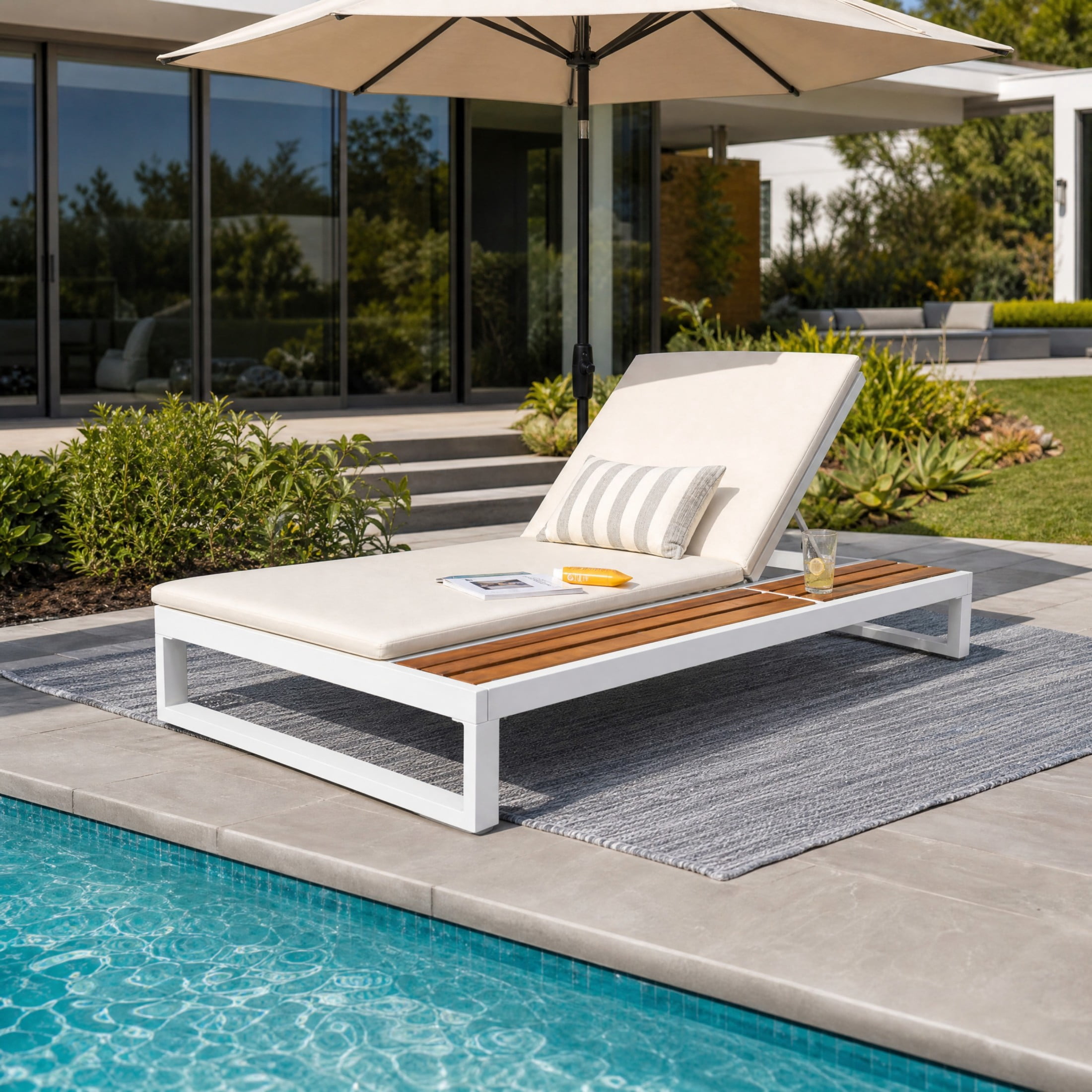 Christopher Knight Home Outdoor Chaise Lounge with 1.57" Cushion, 5-Position Recliner, White + Cream