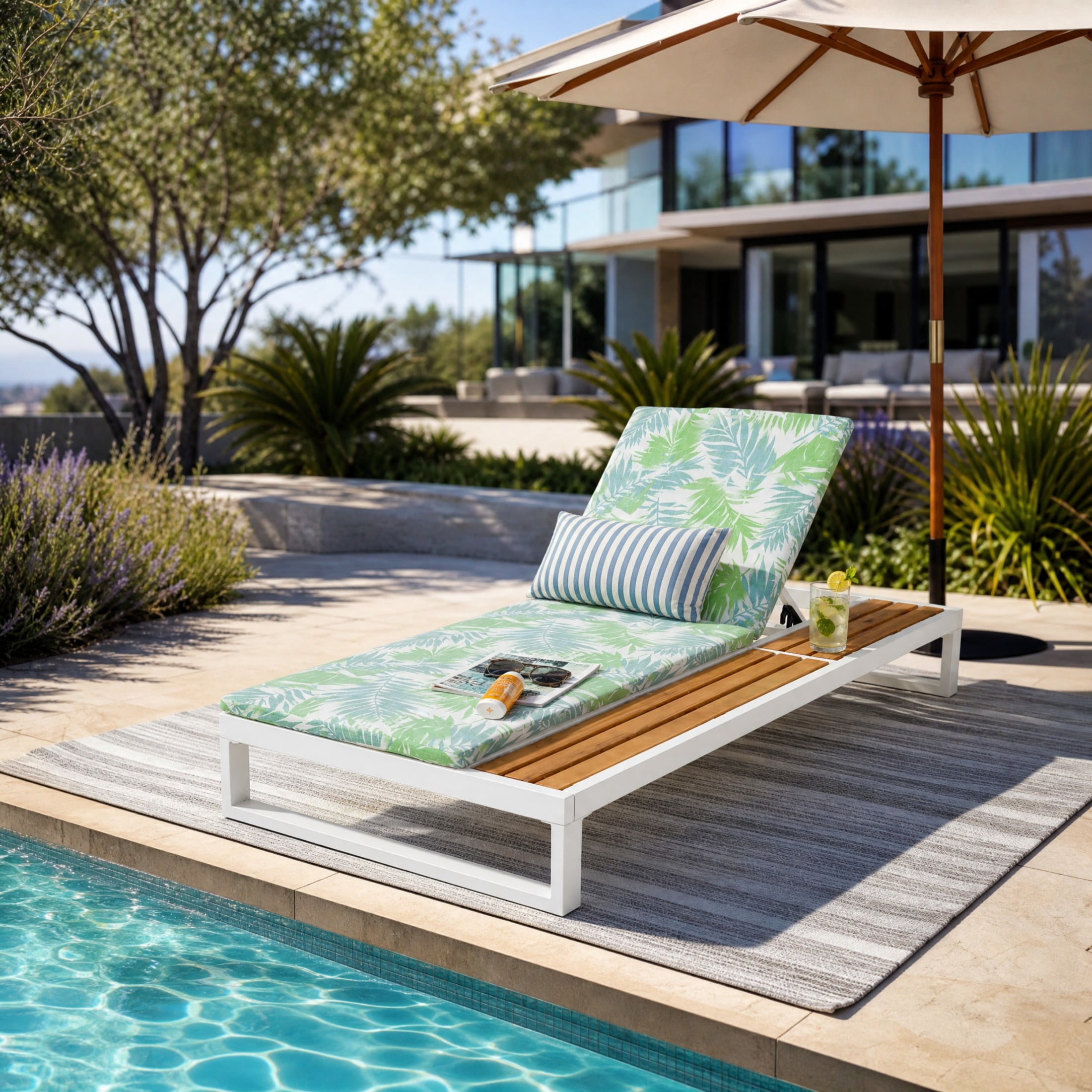 Christopher Knight Home Outdoor Chaise Lounge with 1.57" Cushion, 5-Position Recliner, White + Green Leaf