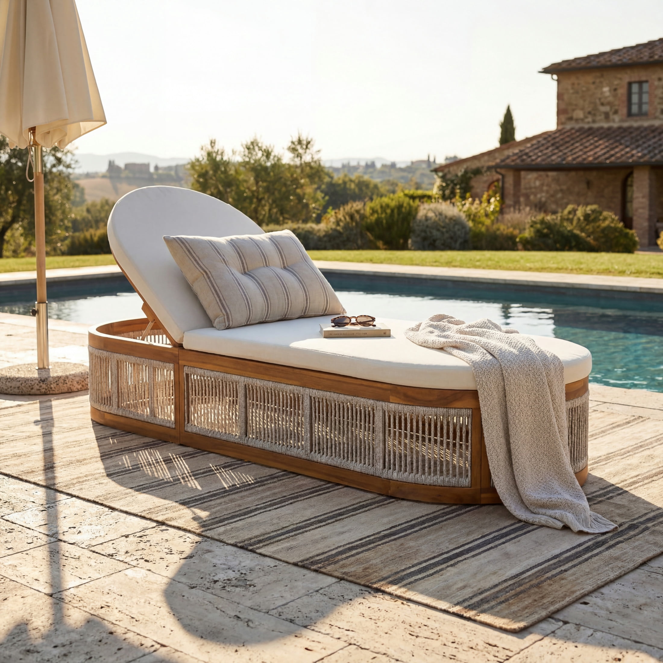 Christopher Knight Home Outdoor Chaise Lounge with 2-Fold Cream Cushion, Rope Side Panels, Teak + Light Gray