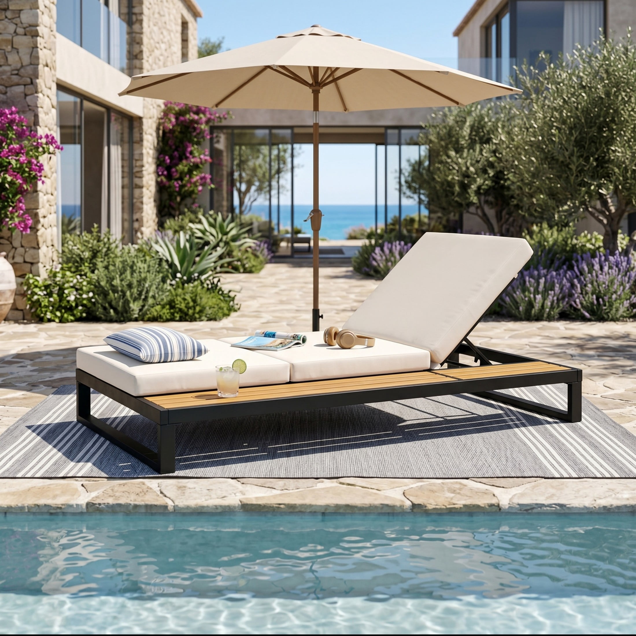 Christopher Knight Home Outdoor Chaise Lounge with 3-Fold Cream Cushion, 5-Position Recliner, Black