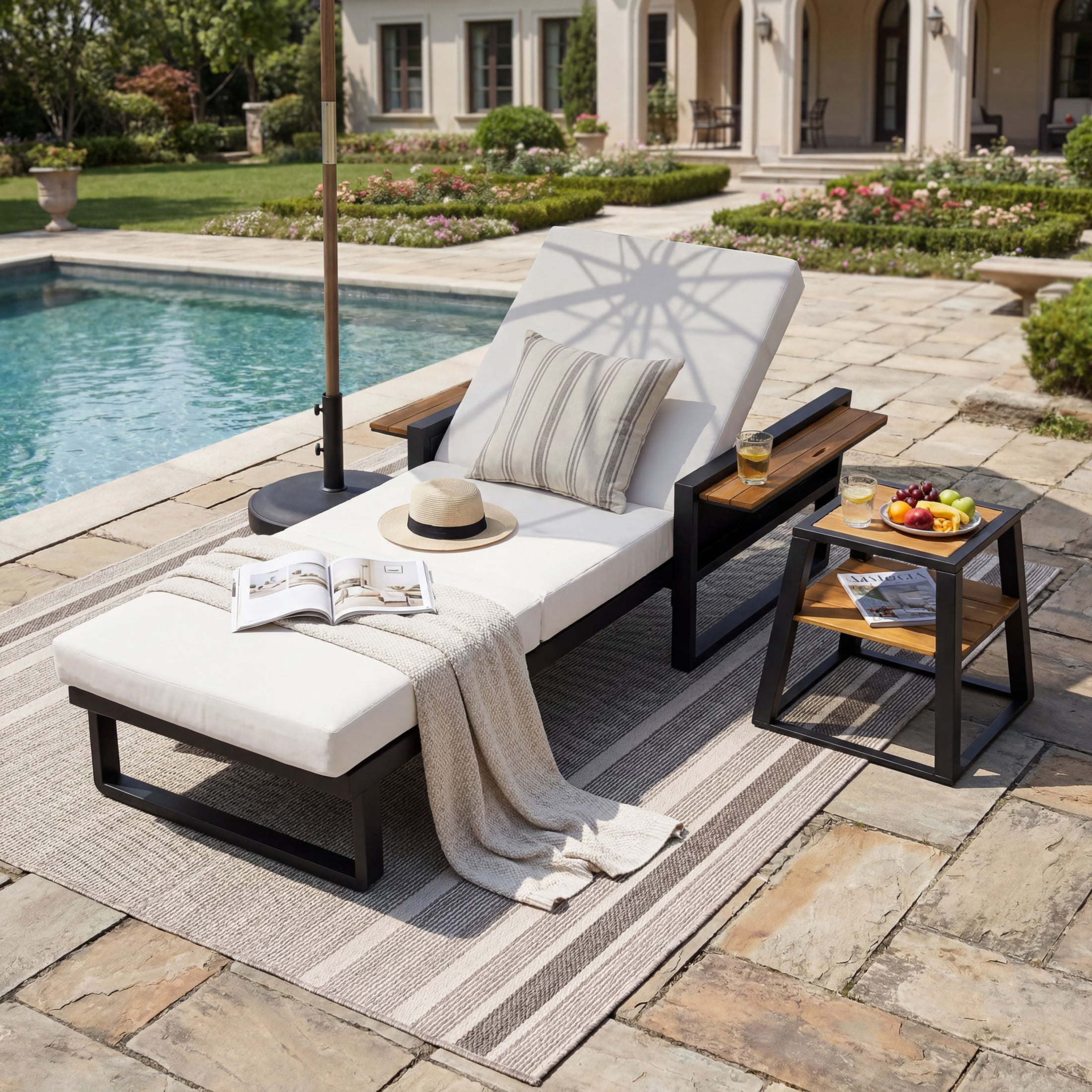 Christopher Knight Home Outdoor Chaise Lounge with 3-Fold Cushion, Adjustable Backrest, Black + Cream