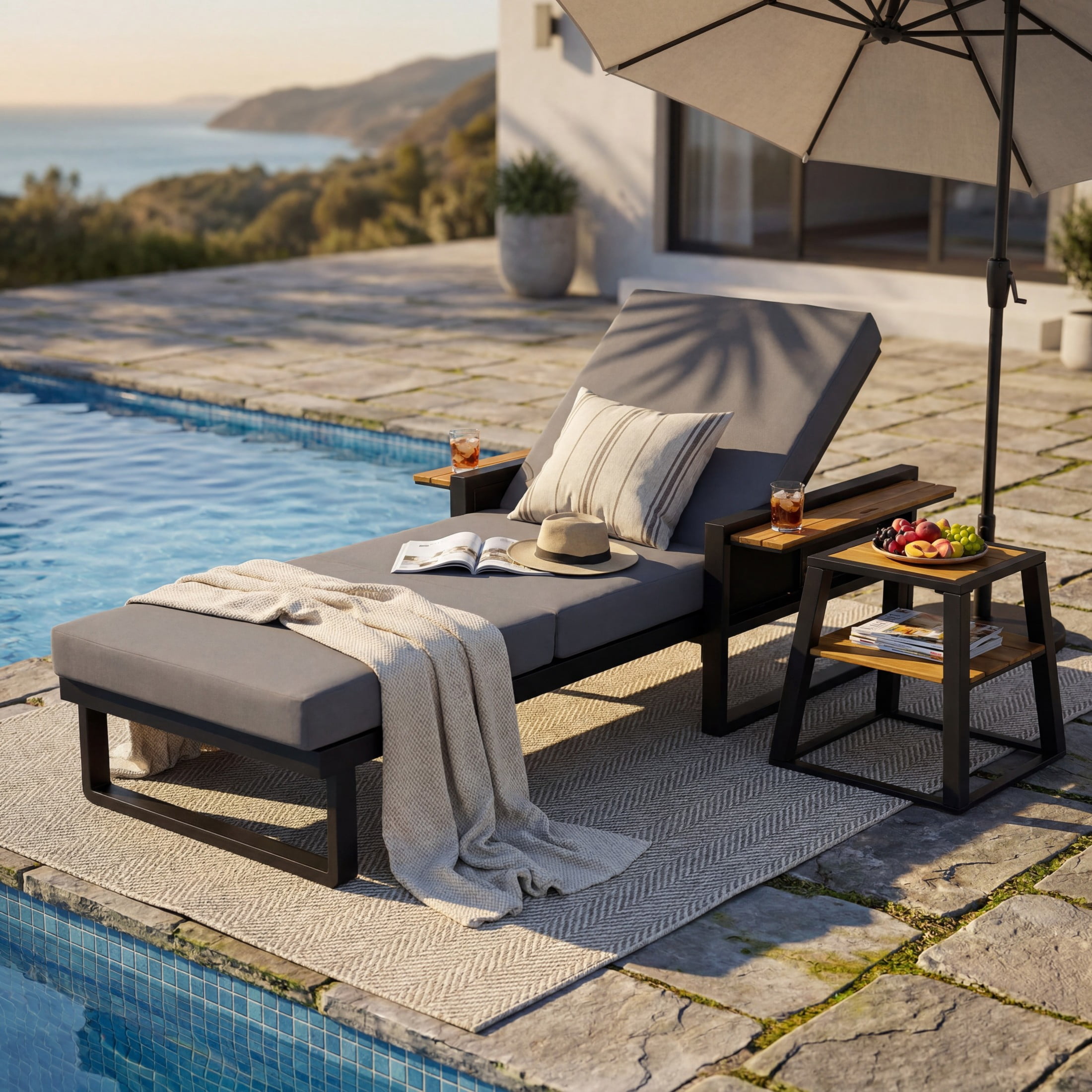 Christopher Knight Home Outdoor Chaise Lounge with 3-Fold Cushion, Adjustable Backrest, Black + Dark Gray