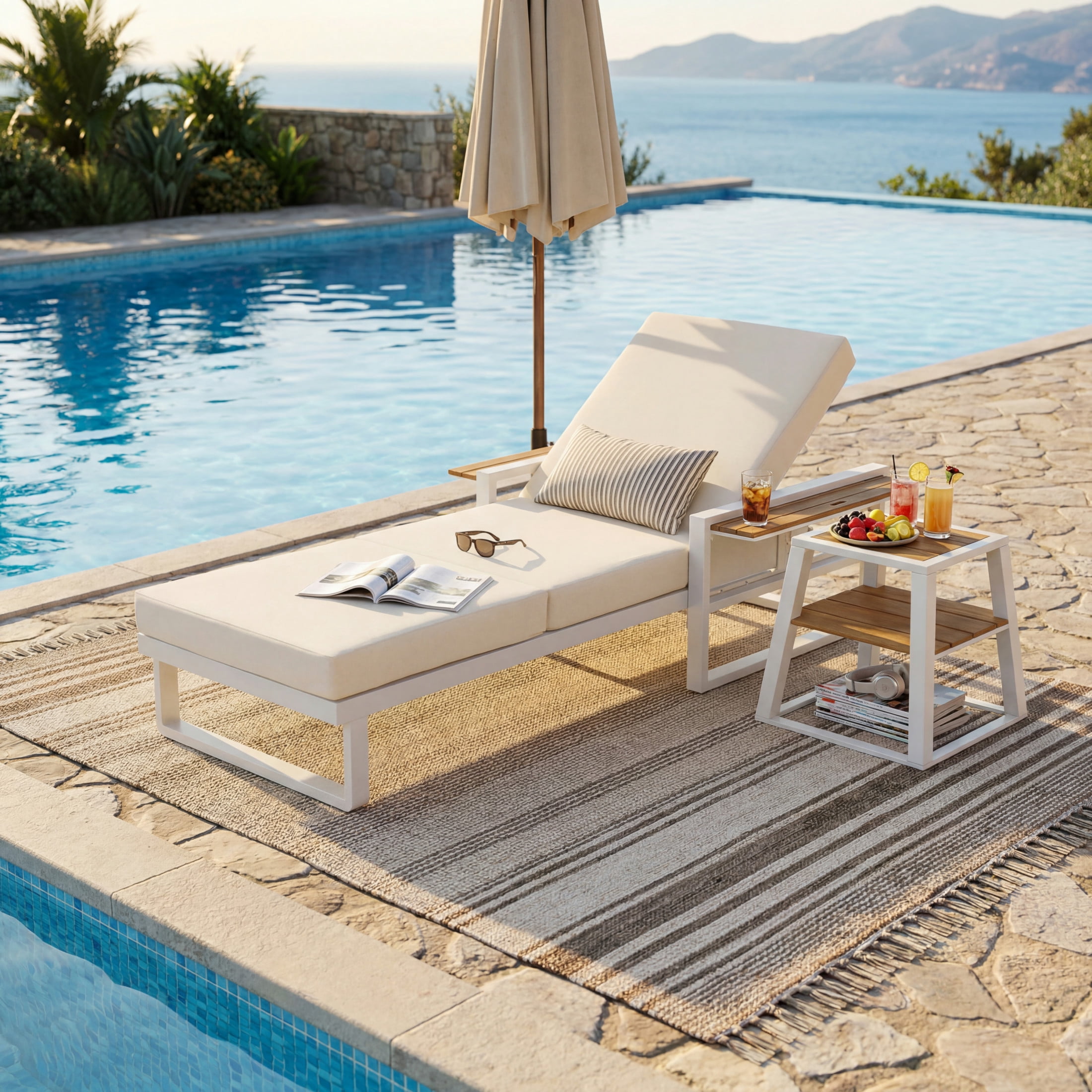 Christopher Knight Home Outdoor Chaise Lounge with 3-Fold Cushion, Adjustable Backrest, White + Cream
