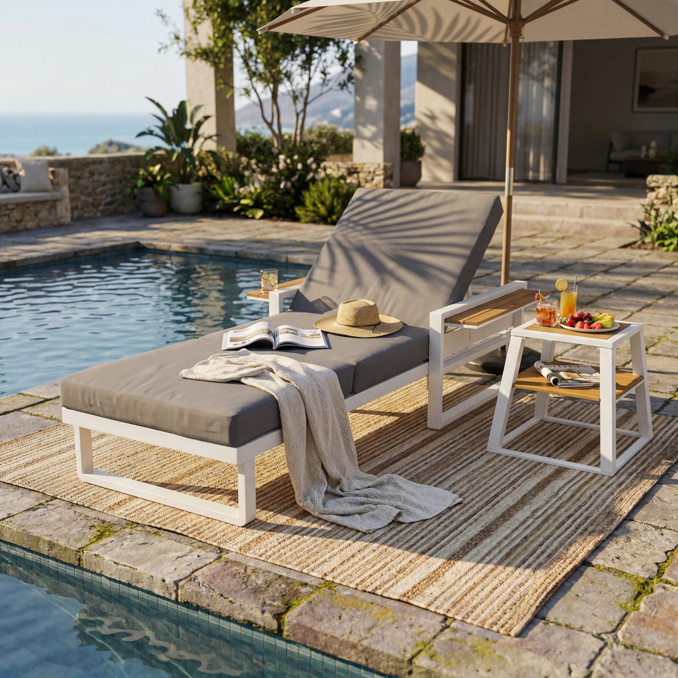 Christopher Knight Home Outdoor Chaise Lounge with 3-Fold Cushion, Adjustable Backrest, White + Dark Gray