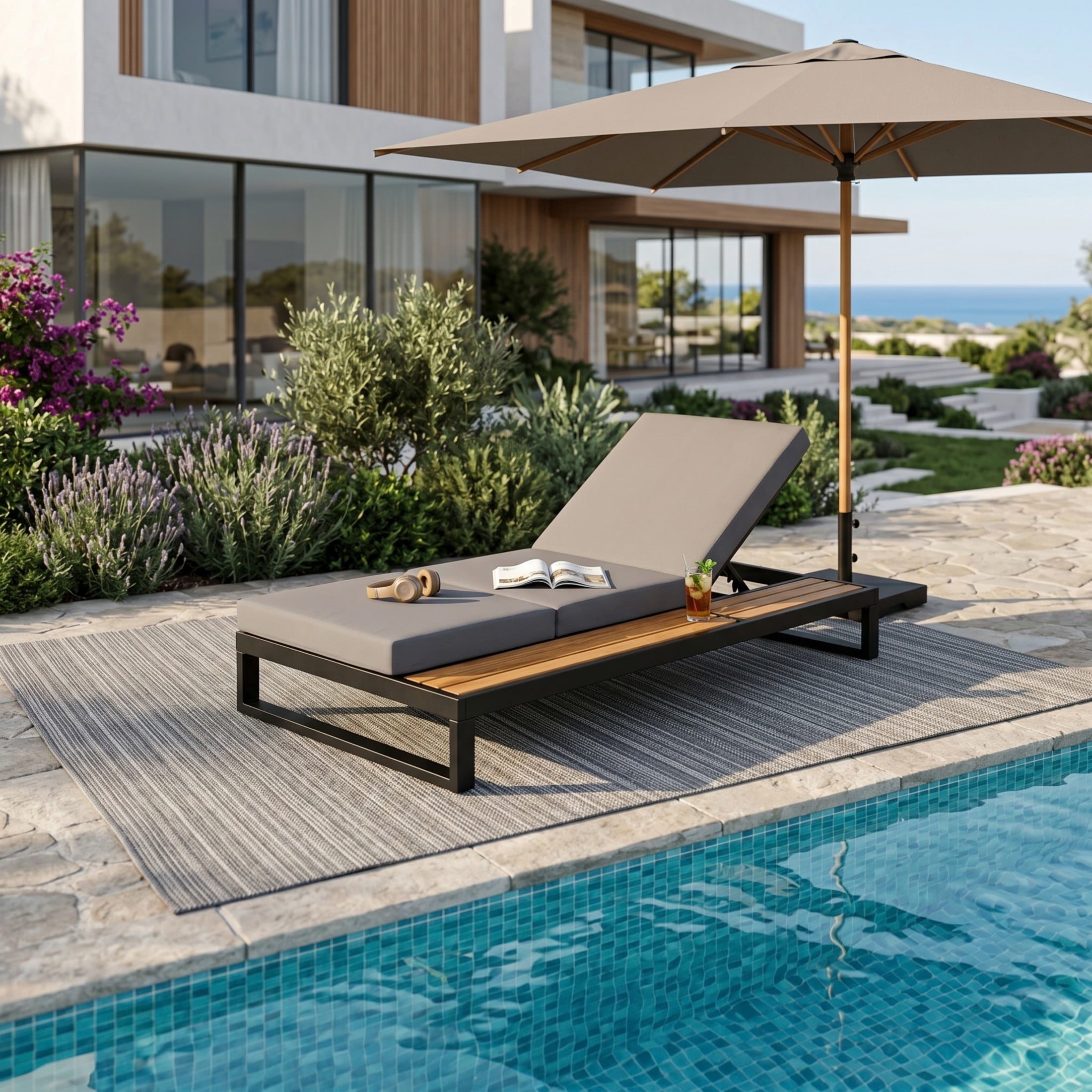 Christopher Knight Home Outdoor Chaise Lounge with 3-Fold Dark Gray Cushion, 5-Position Recliner, Black