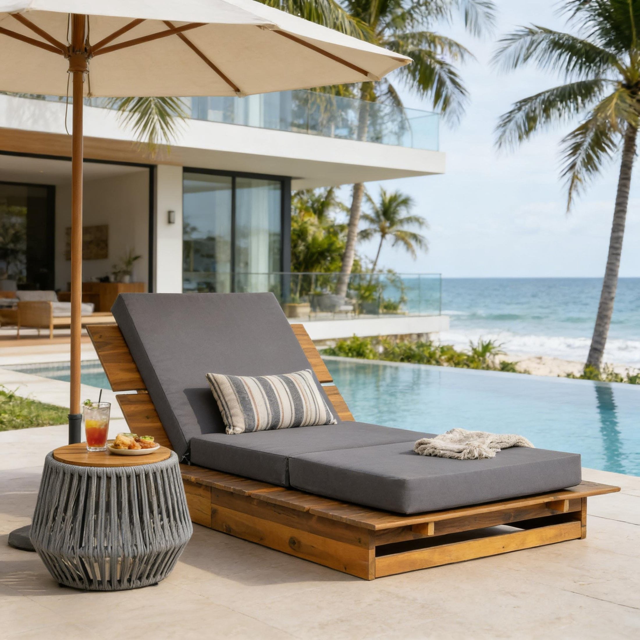 Christopher Knight Home Outdoor Chaise Lounge with 4" 3-Fold Cushion, Adjustable Backrest, Teak + Dark Gray