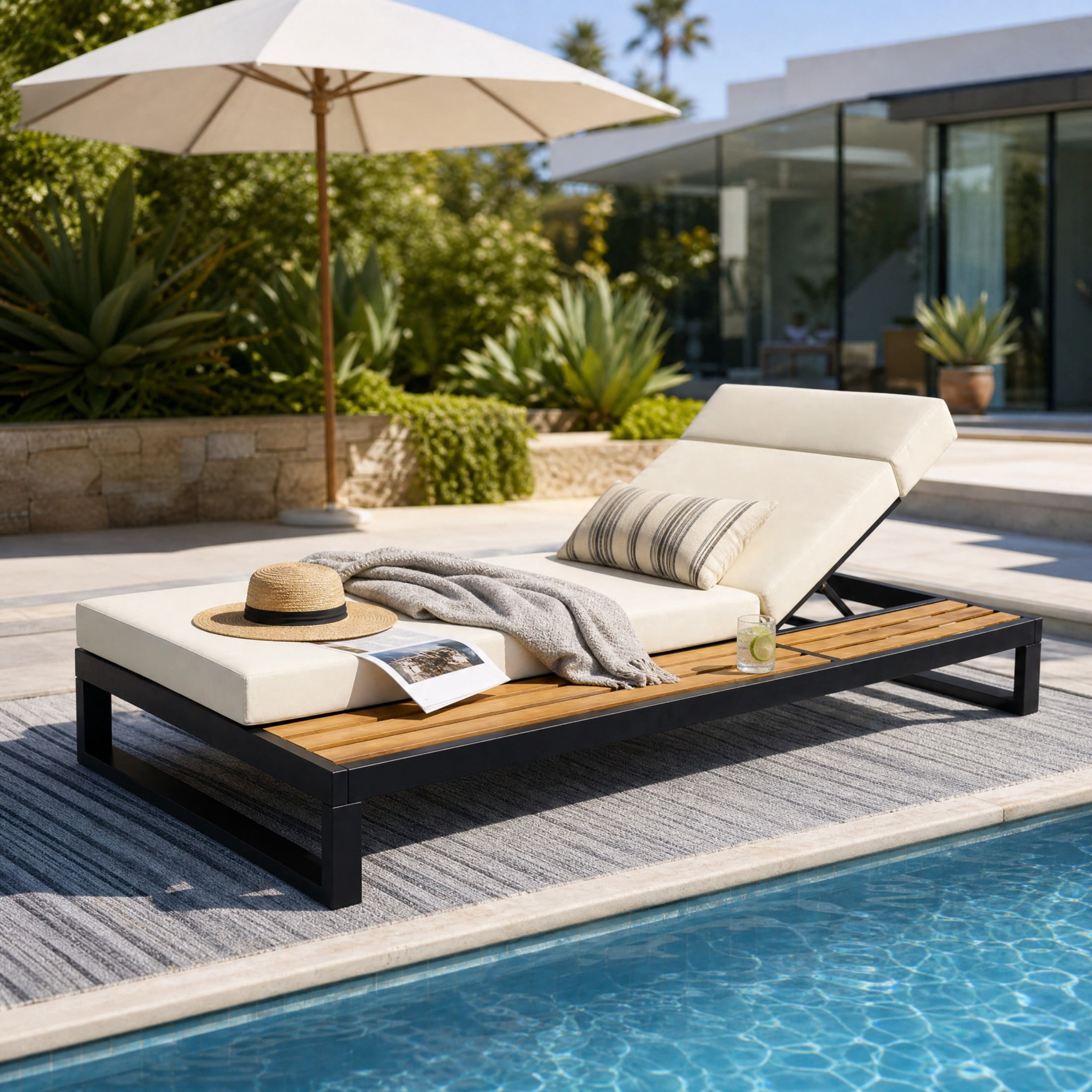 Christopher Knight Home Outdoor Chaise Lounge with 4-Fold Beige Cushion, 5-Position Recliner, Black