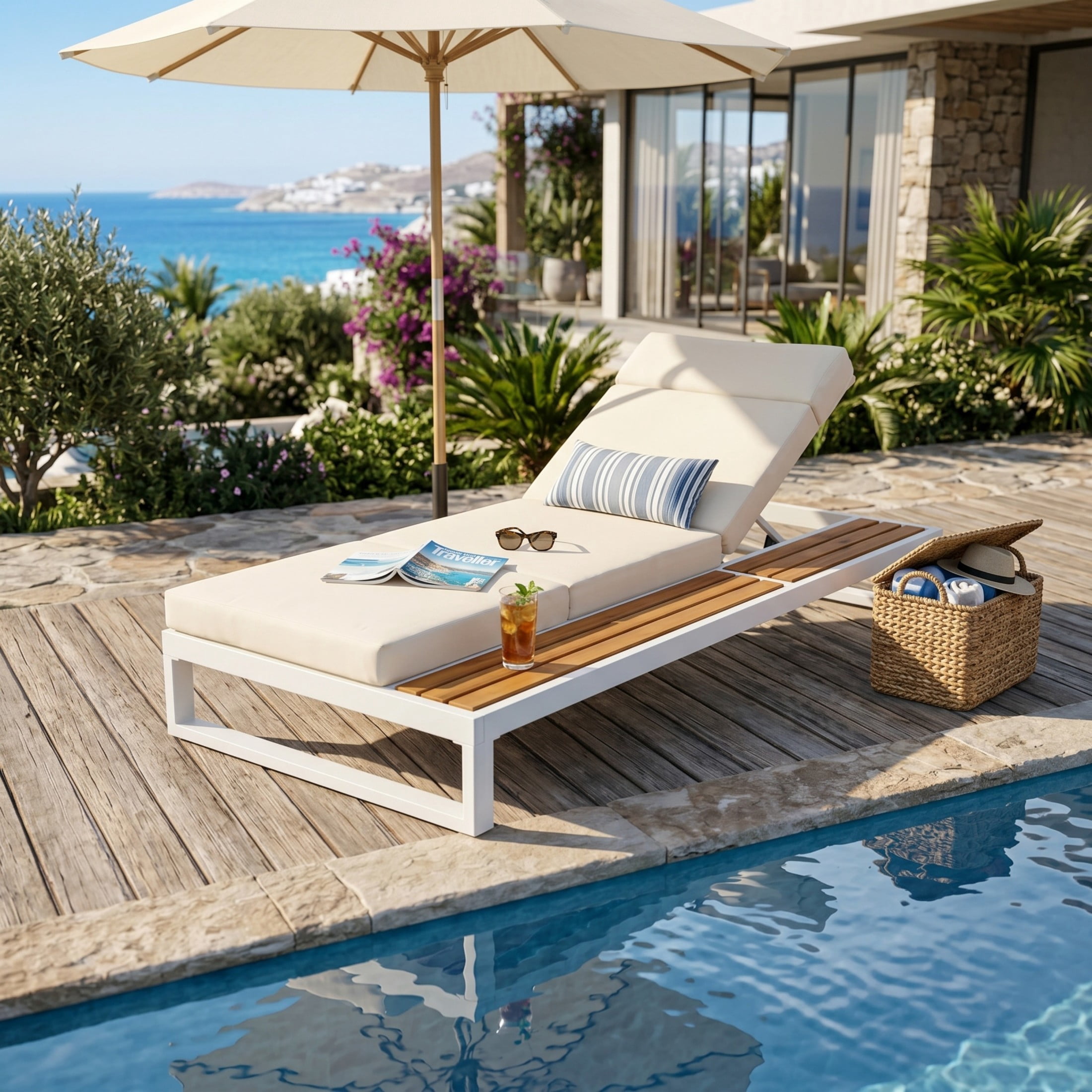 Christopher Knight Home Outdoor Chaise Lounge with 4-Fold Beige Cushion, 5-Position Recliner, White