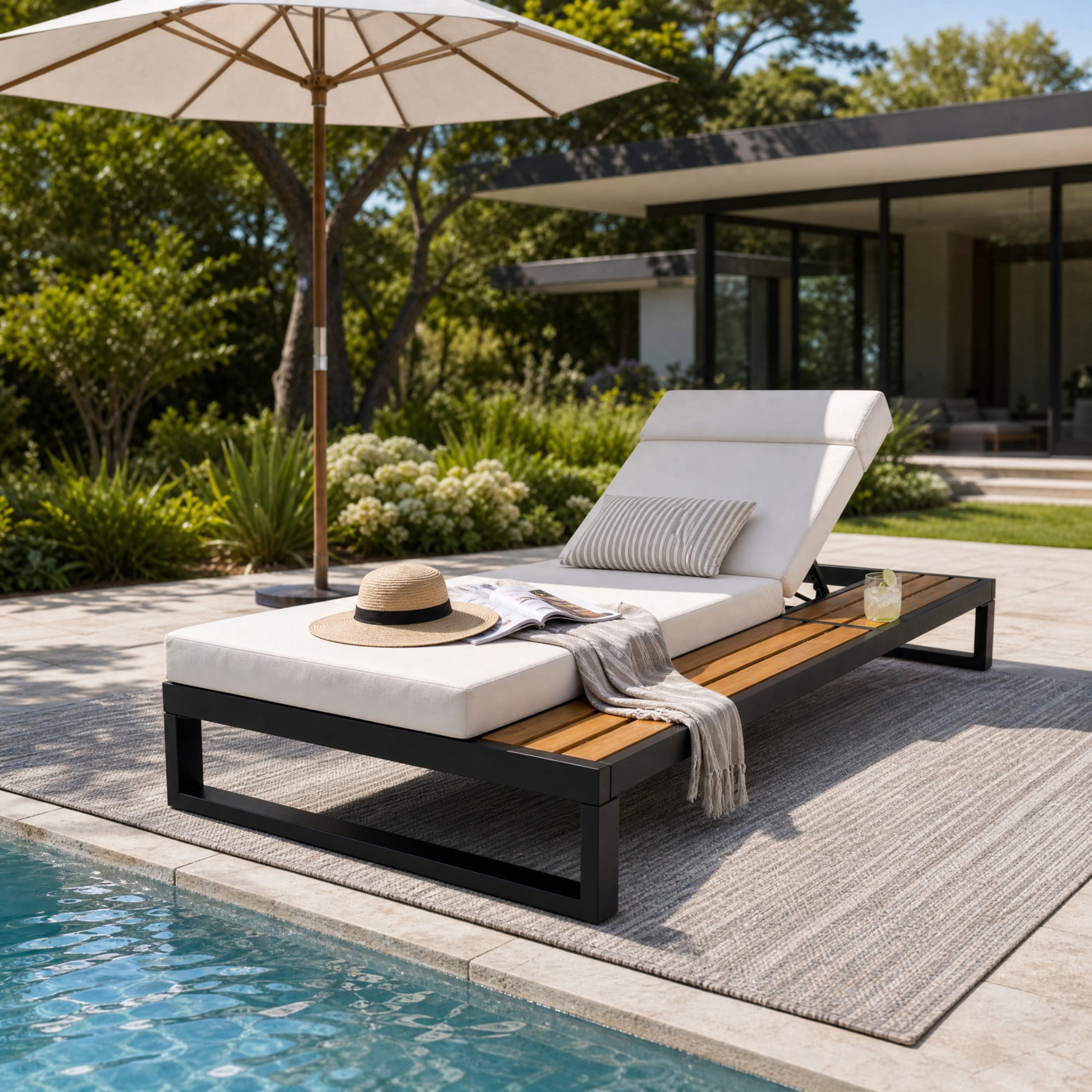 Christopher Knight Home Outdoor Chaise Lounge with 4-Fold Cream Cushion, 5-Position Recliner, Black