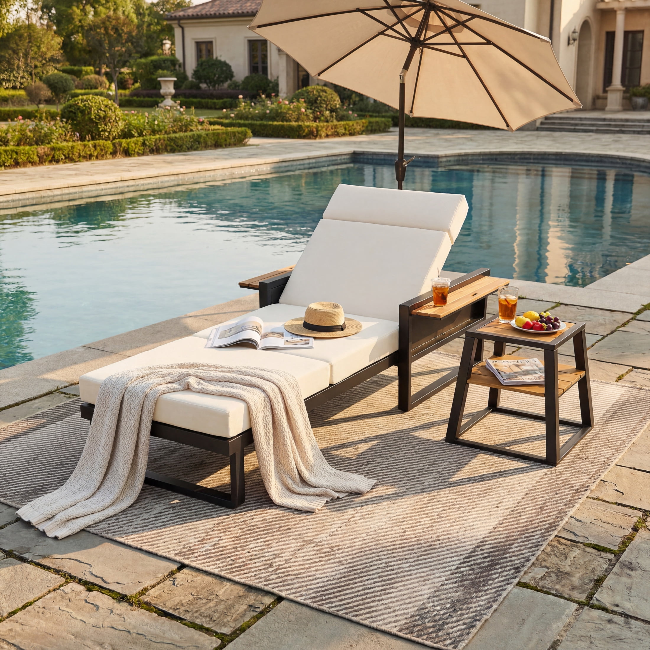 Christopher Knight Home Outdoor Chaise Lounge with 4-Fold Cushion, Adjustable Backrest, Black + Beige