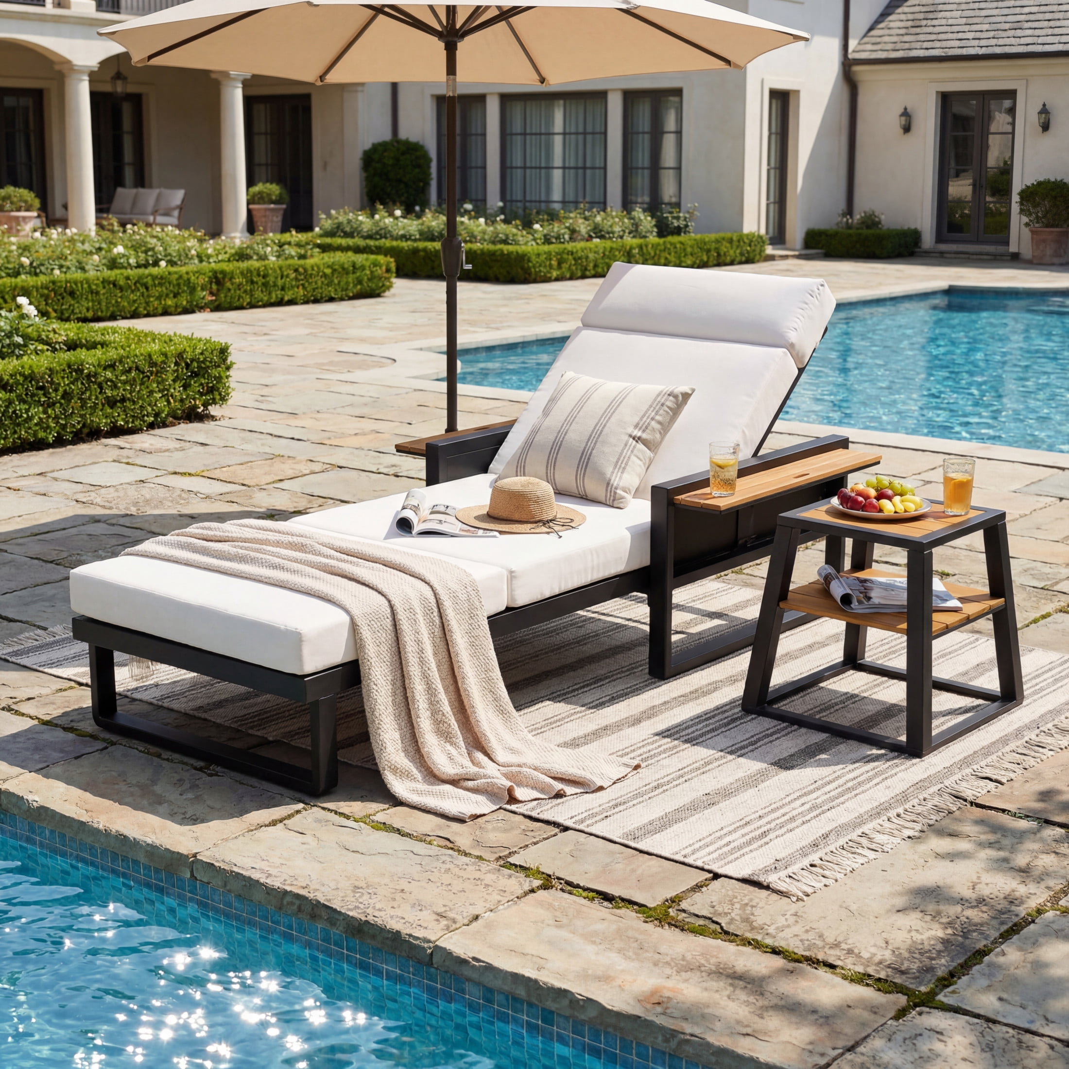 Christopher Knight Home Outdoor Chaise Lounge with 4-Fold Cushion, Adjustable Backrest, Black + Cream