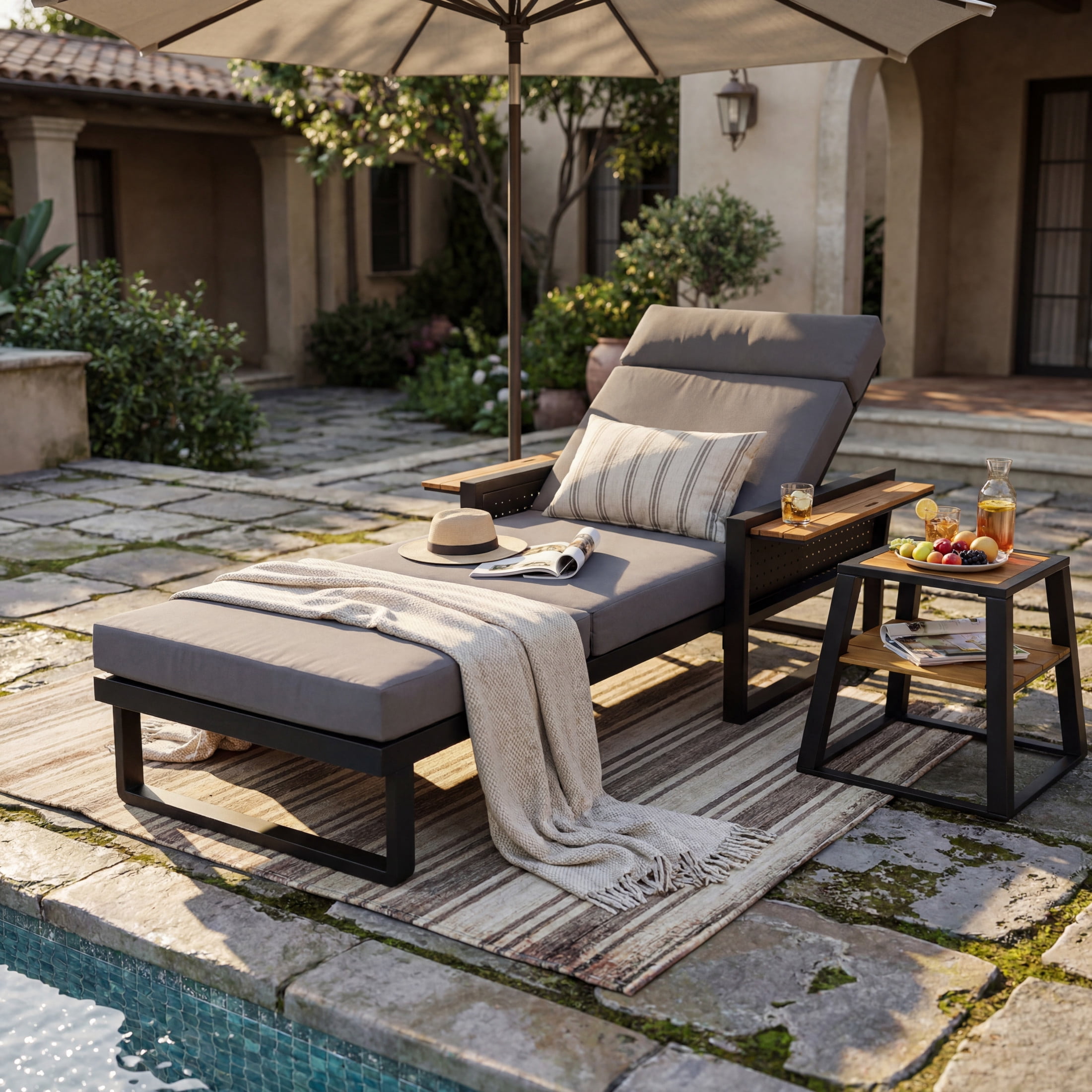 Christopher Knight Home Outdoor Chaise Lounge with 4-Fold Cushion, Adjustable Backrest, Black + Dark Gray