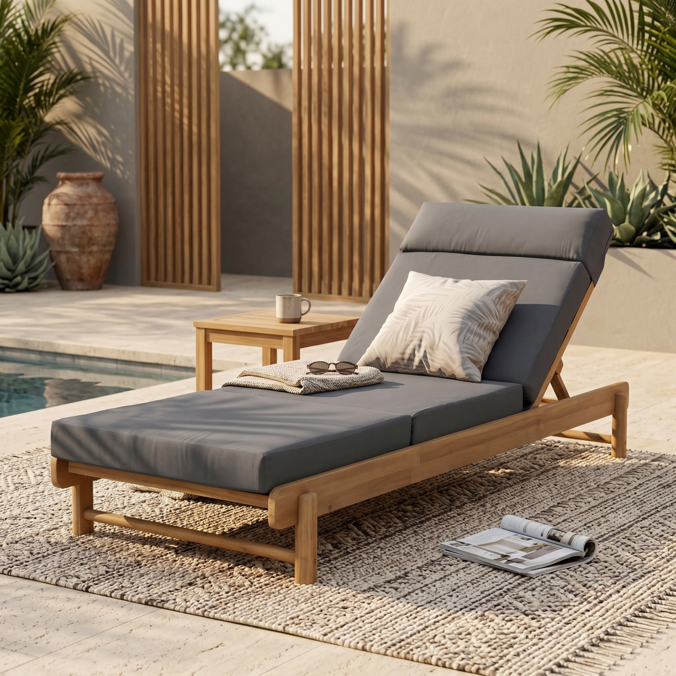 Christopher Knight Home Outdoor Chaise Lounge with 4-Fold Cushion, Adjustable Backrest, Light Teak + Dark Gray
