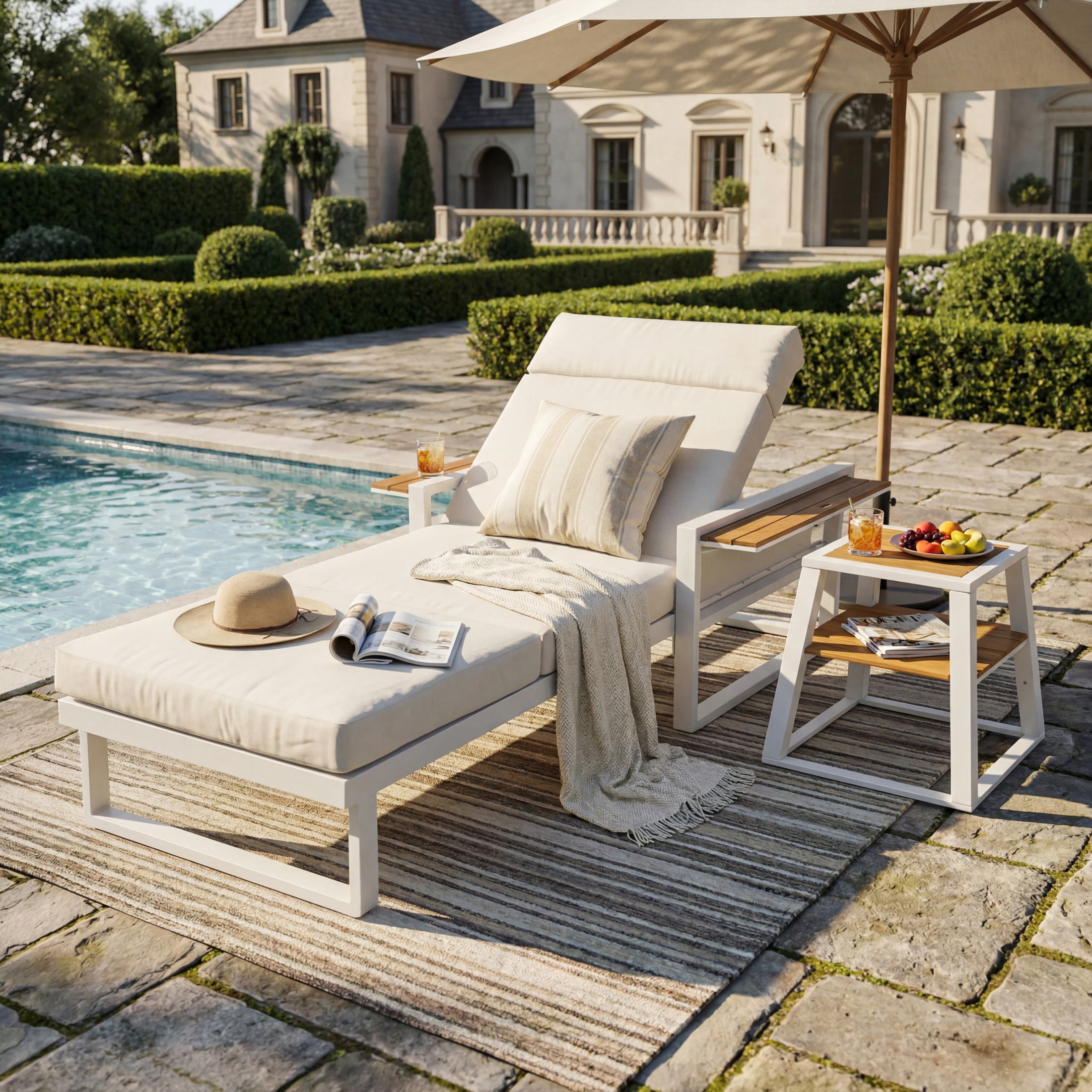 Christopher Knight Home Outdoor Chaise Lounge with 4-Fold Cushion, Adjustable Backrest, White + Beige