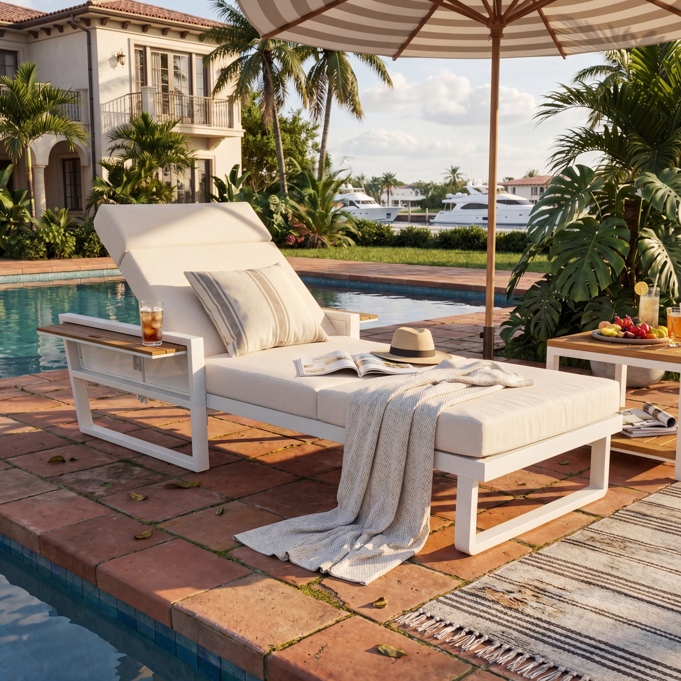 Christopher Knight Home Outdoor Chaise Lounge with 4-Fold Cushion, Adjustable Backrest, White + Cream