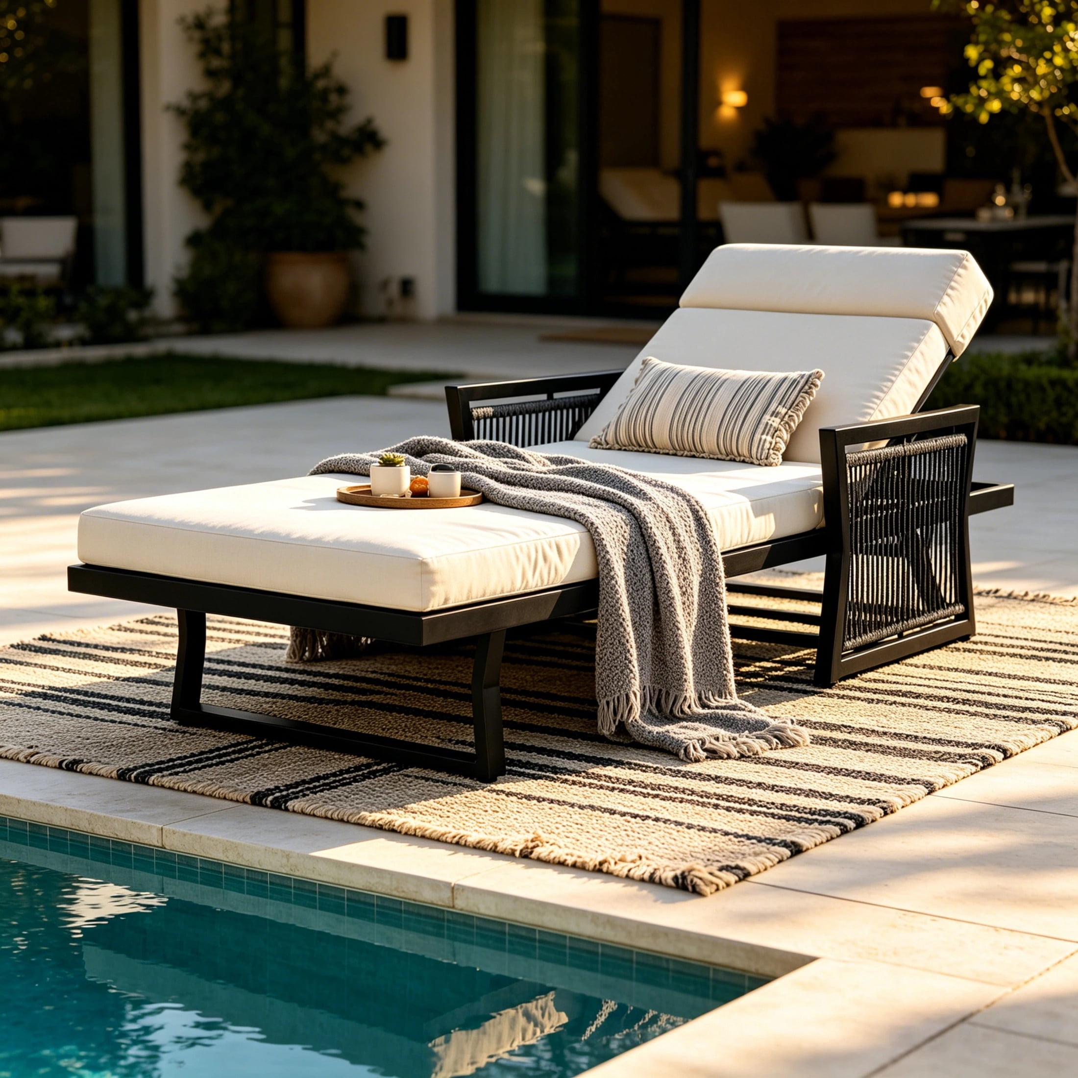 Christopher Knight Home Outdoor Chaise Lounge with 4-Fold Cushion, Adjustable Iron Recliner, Black + Beige