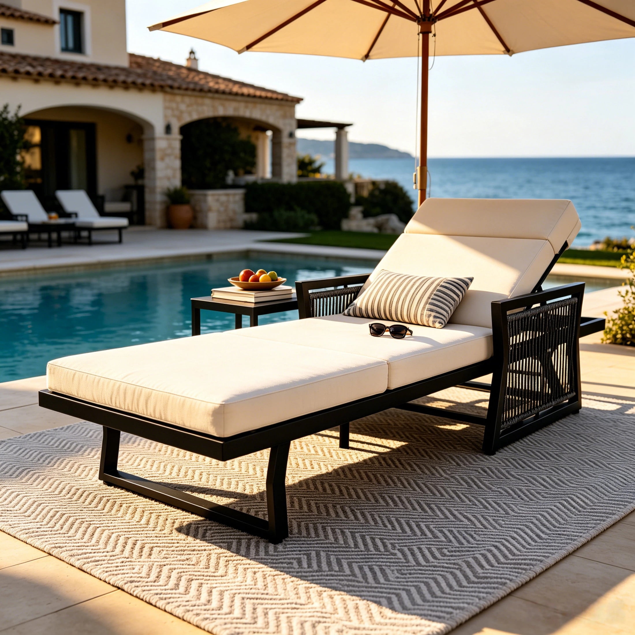 Christopher Knight Home Outdoor Chaise Lounge with 4-Fold Cushion, Adjustable Iron Recliner, Black + Cream