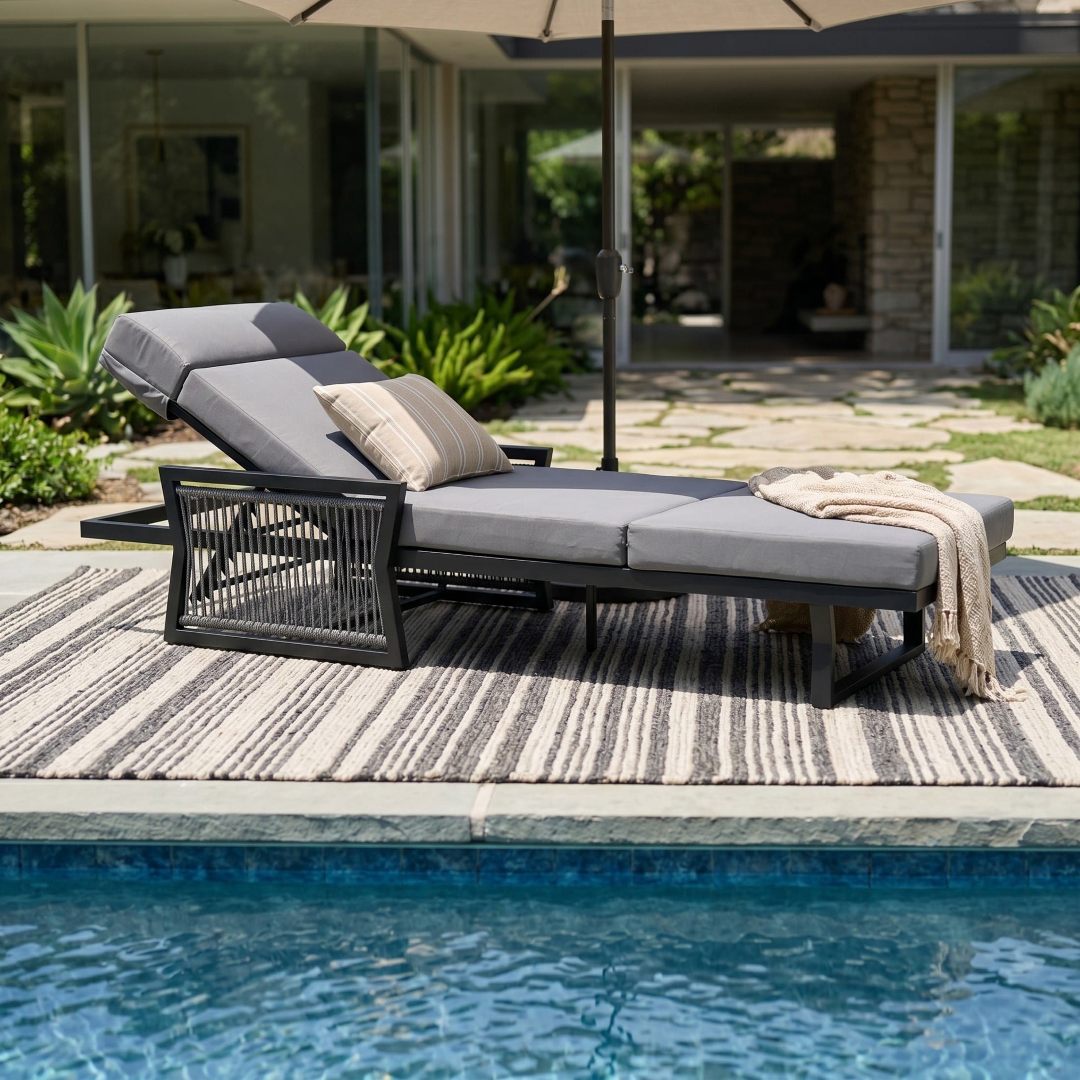 Christopher Knight Home Outdoor Chaise Lounge with 4-Fold Cushion, Adjustable Iron Recliner, Black + Dark Gray