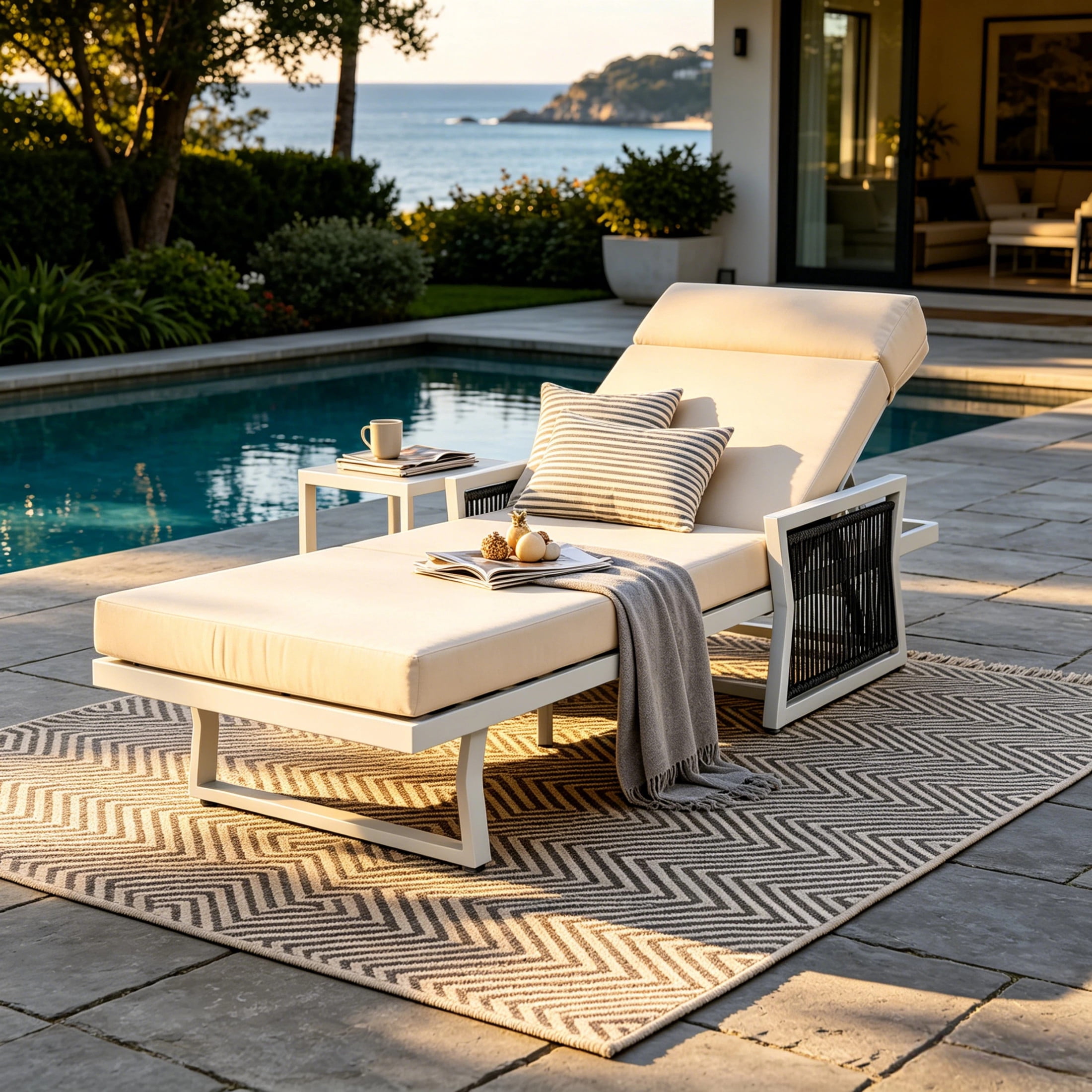 Christopher Knight Home Outdoor Chaise Lounge with 4-Fold Cushion, Adjustable Iron Recliner, White + Cream