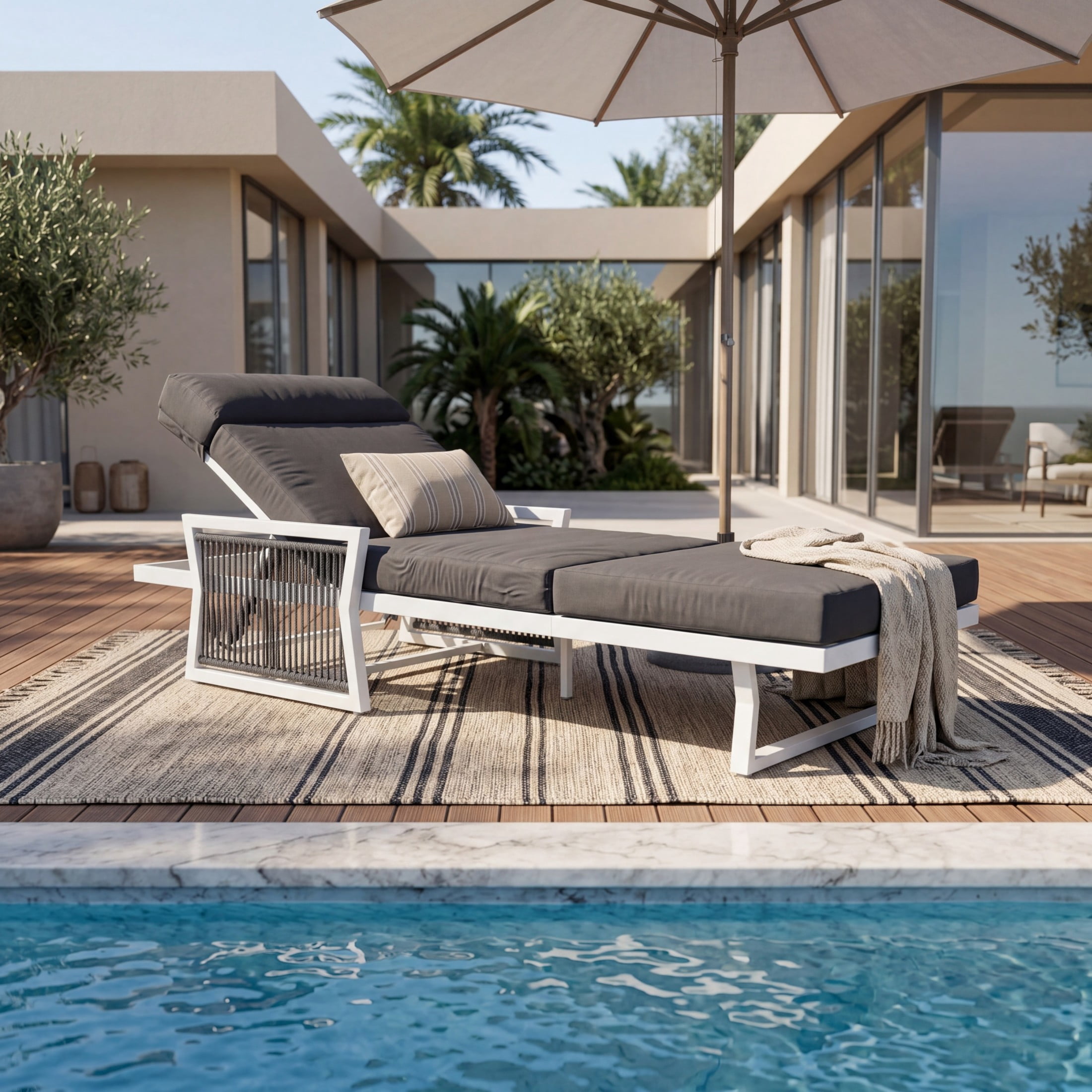 Christopher Knight Home Outdoor Chaise Lounge with 4-Fold Cushion, Adjustable Iron Recliner, White + Dark Gray