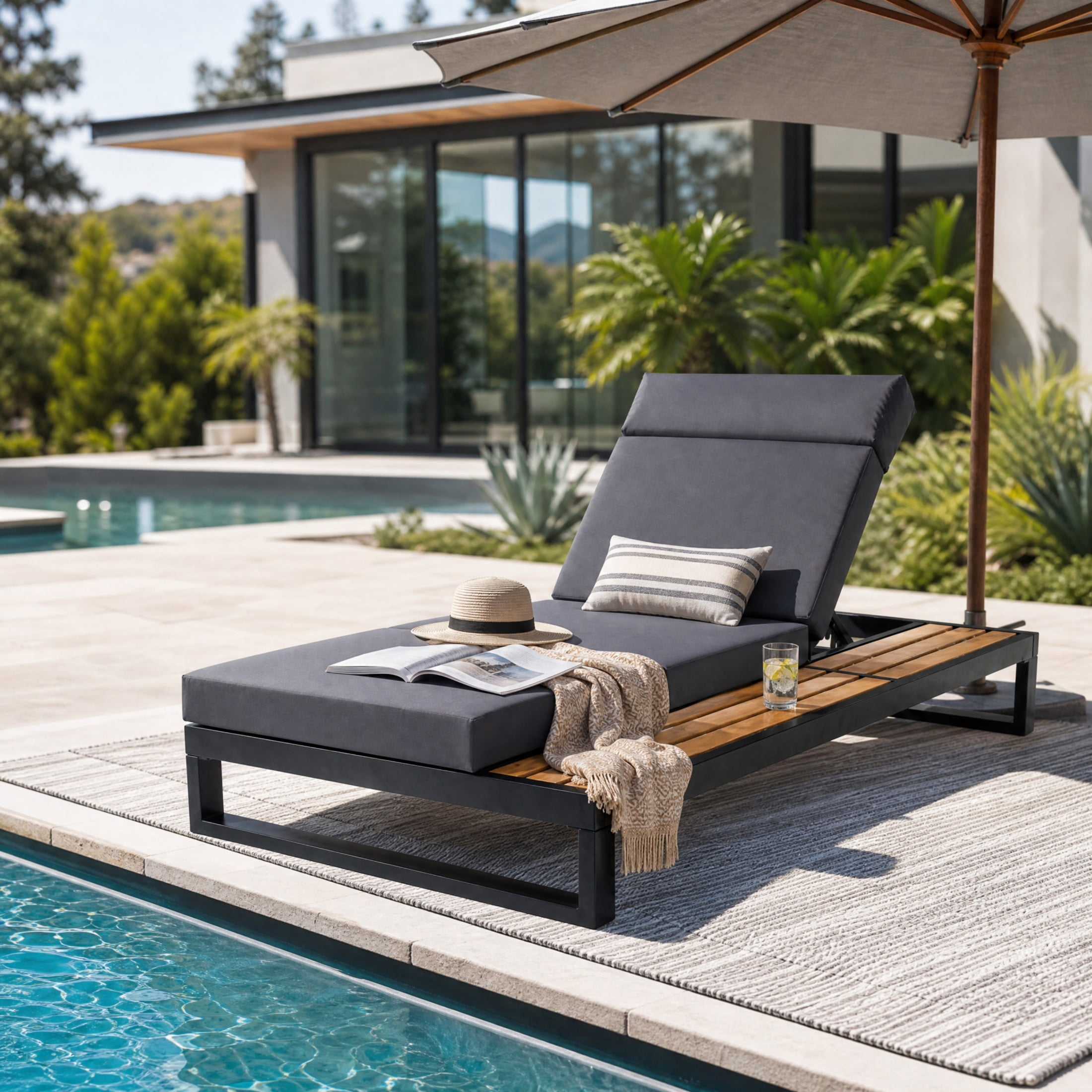 Christopher Knight Home Outdoor Chaise Lounge with 4-Fold Dark Gray Cushion, 5-Position Recliner, Black