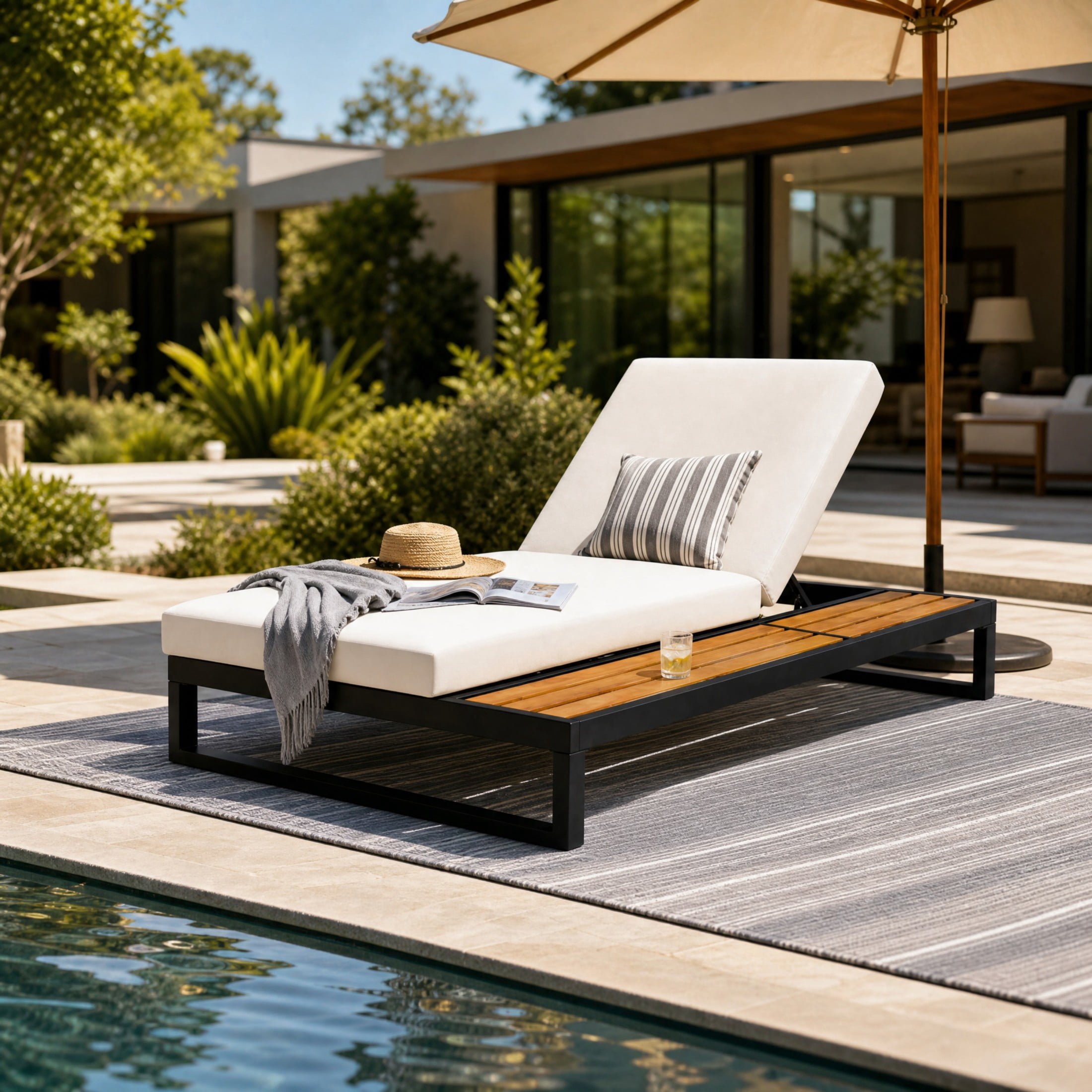 Christopher Knight Home Outdoor Chaise Lounge with Cream Cushion, 5-Position Recliner, Black