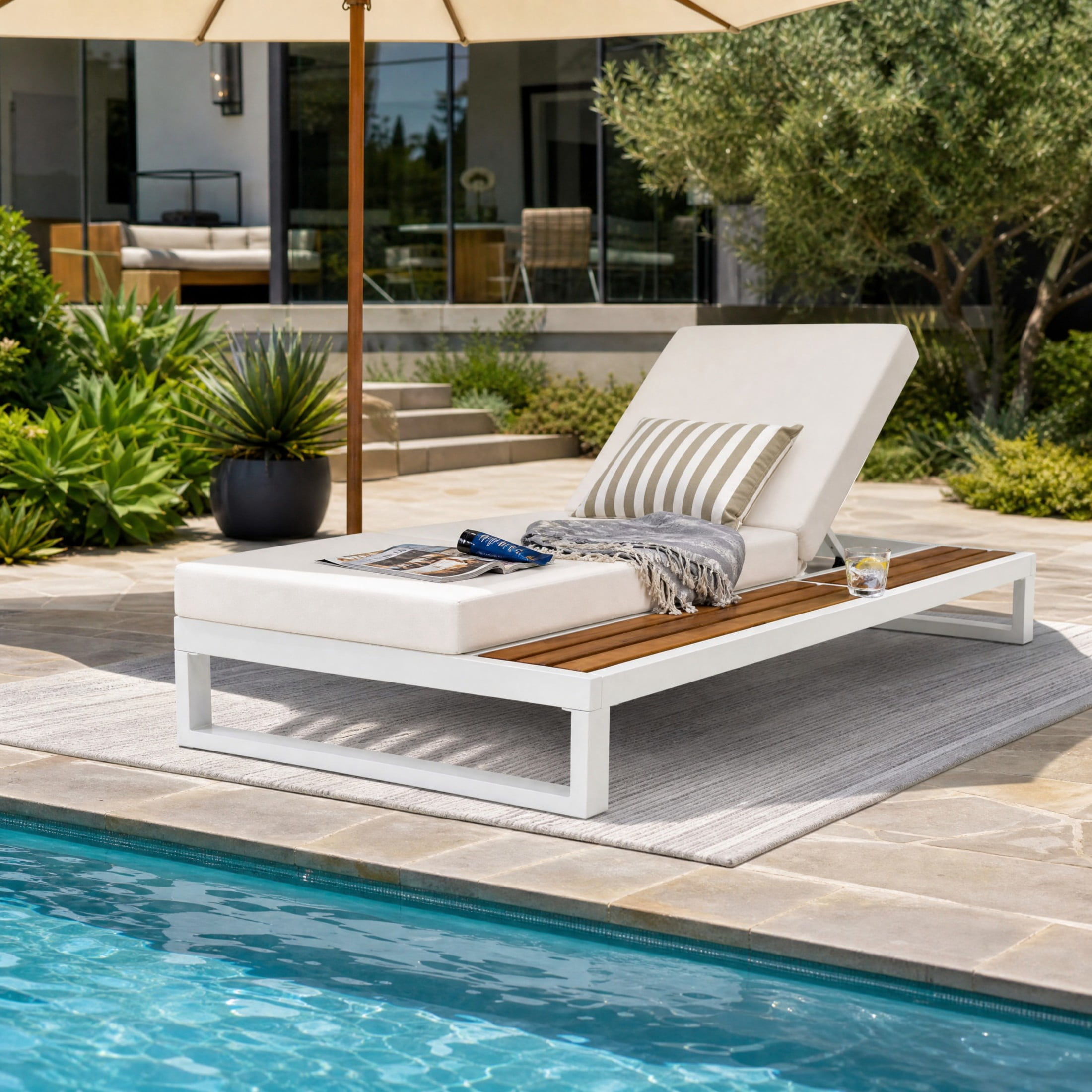 Christopher Knight Home Outdoor Chaise Lounge with Cream Cushion, 5-Position Recliner, White