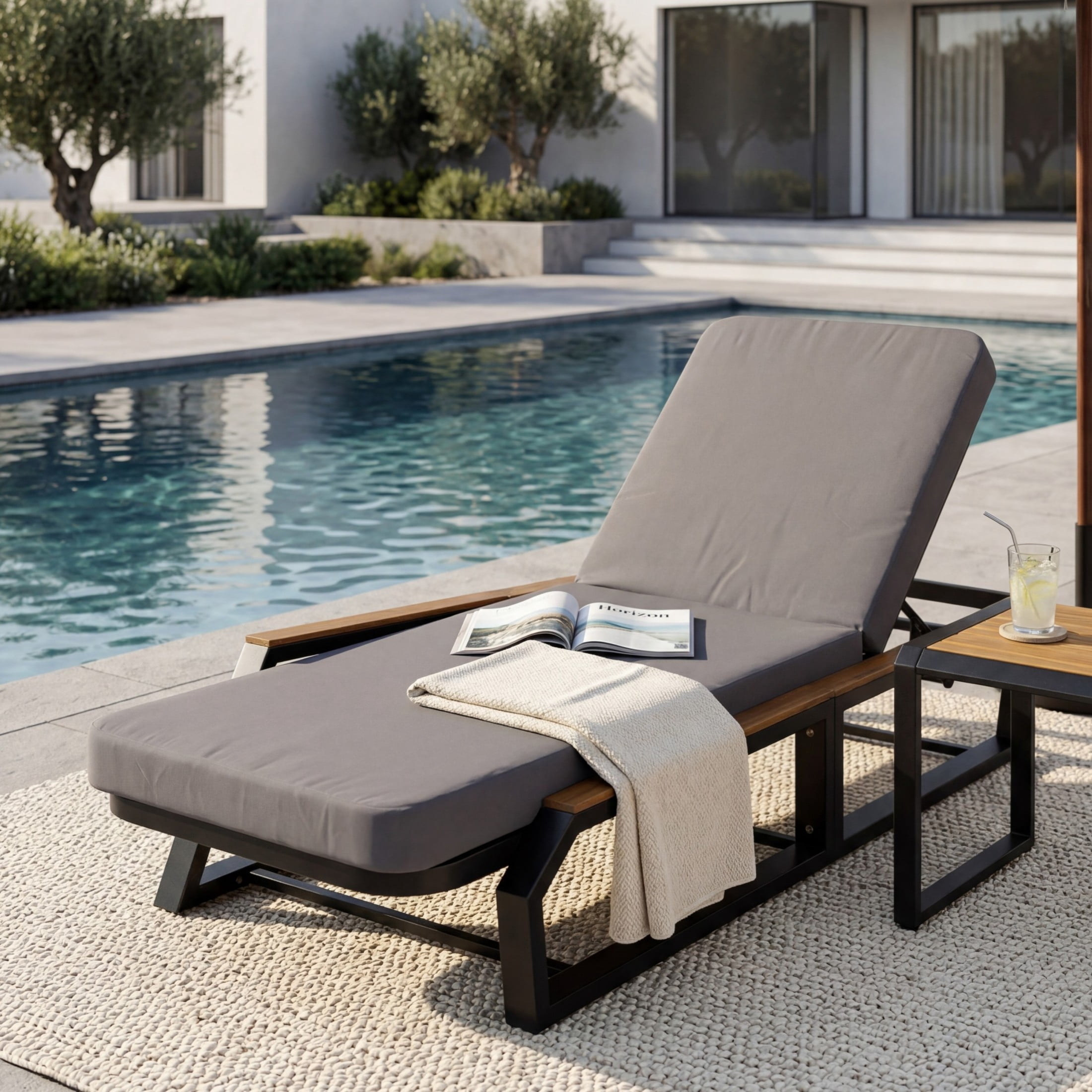 Christopher Knight Home Outdoor Chaise Lounge with Cushion, 5-Position Adjustable Back, Iron Frame, Black+Gray