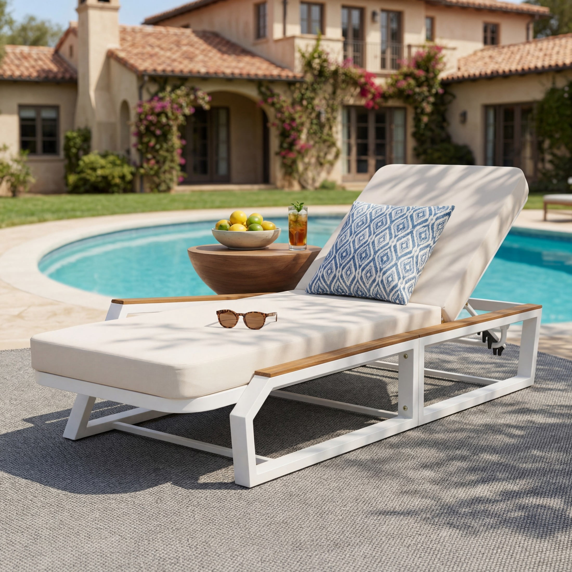 Christopher Knight Home Outdoor Chaise Lounge with Cushion, 5-Position Adjustable Back, Iron Frame, White+Cream