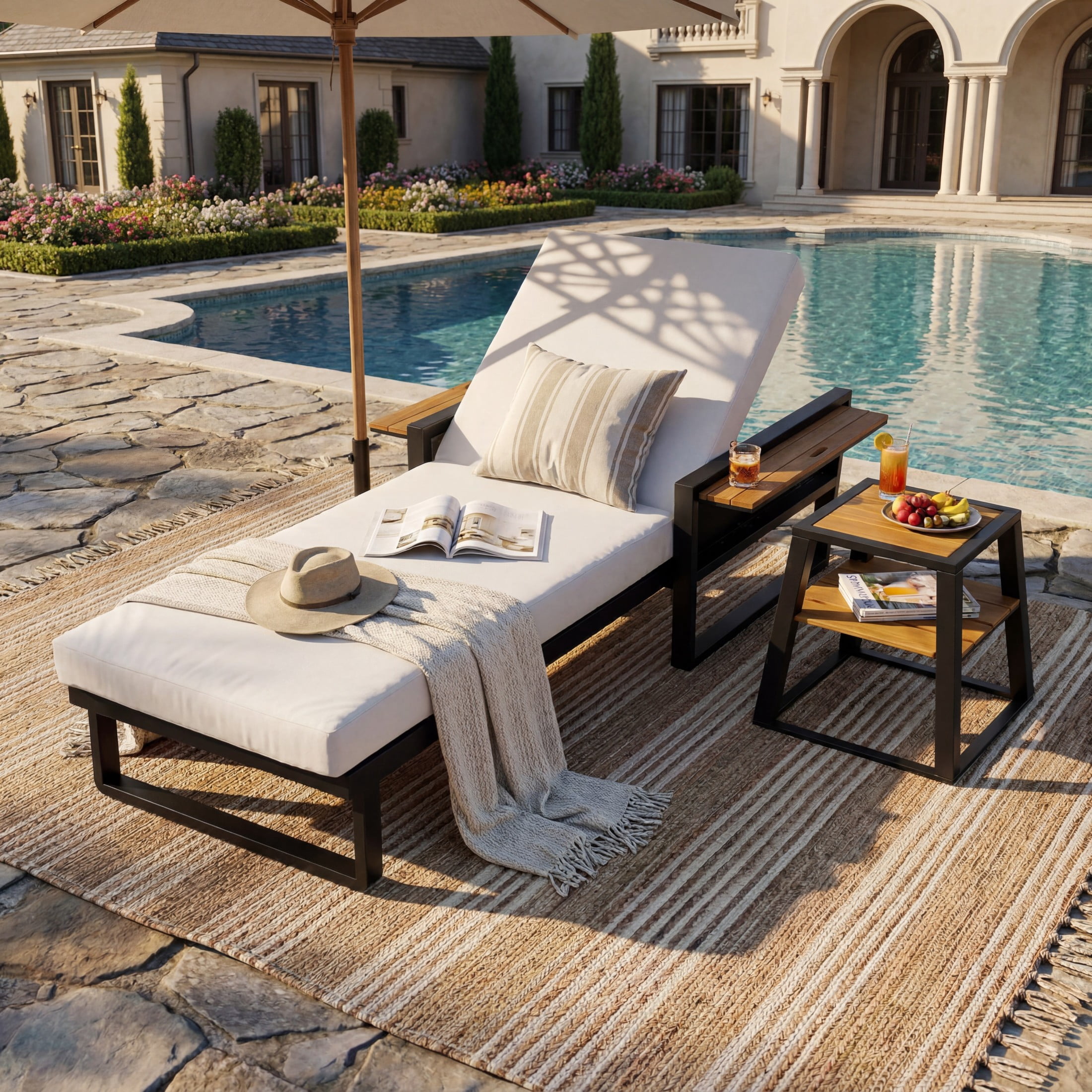 Christopher Knight Home Outdoor Chaise Lounge with Cushion, Adjustable Backrest, Black + Cream