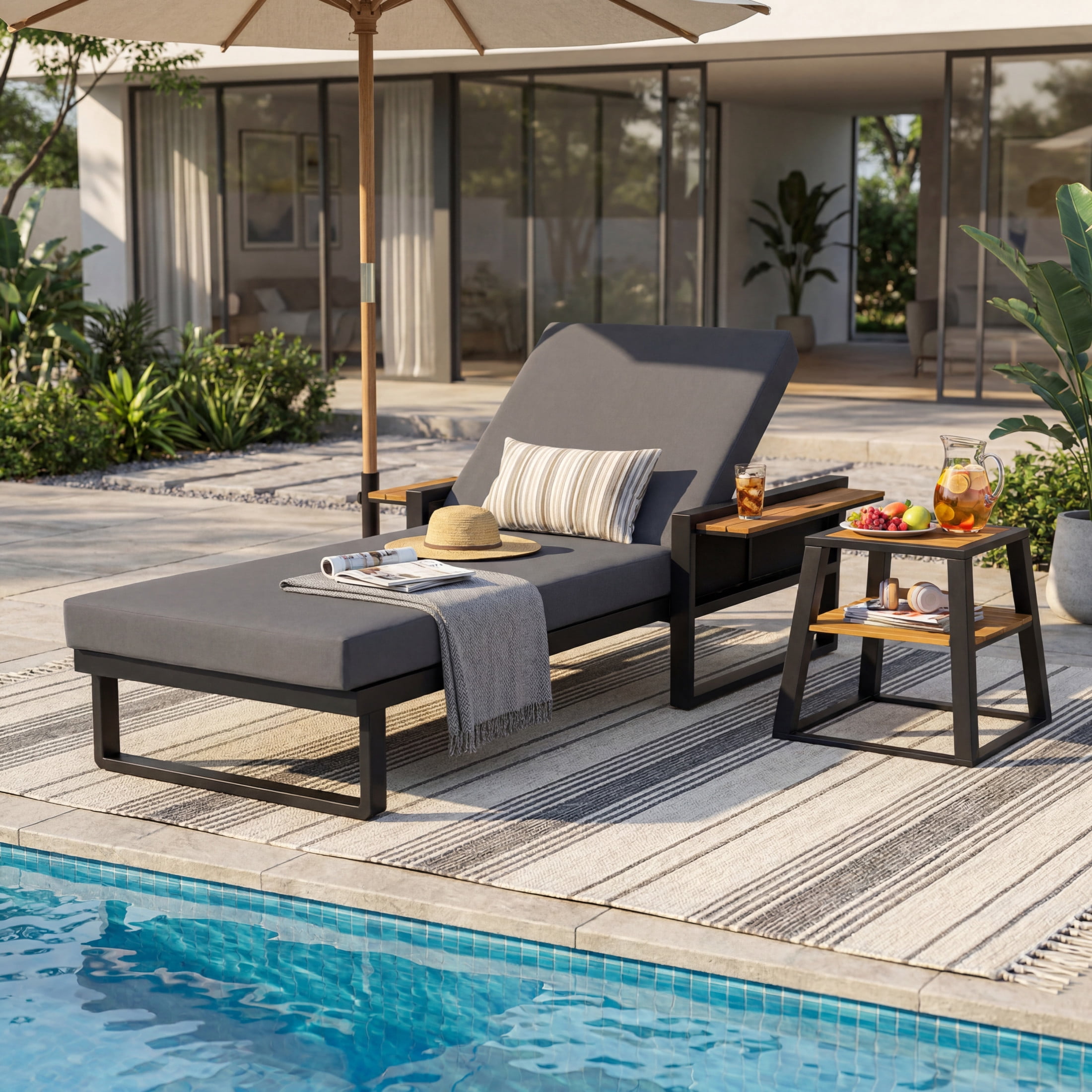 Christopher Knight Home Outdoor Chaise Lounge with Cushion, Adjustable Backrest, Black + Dark Gray