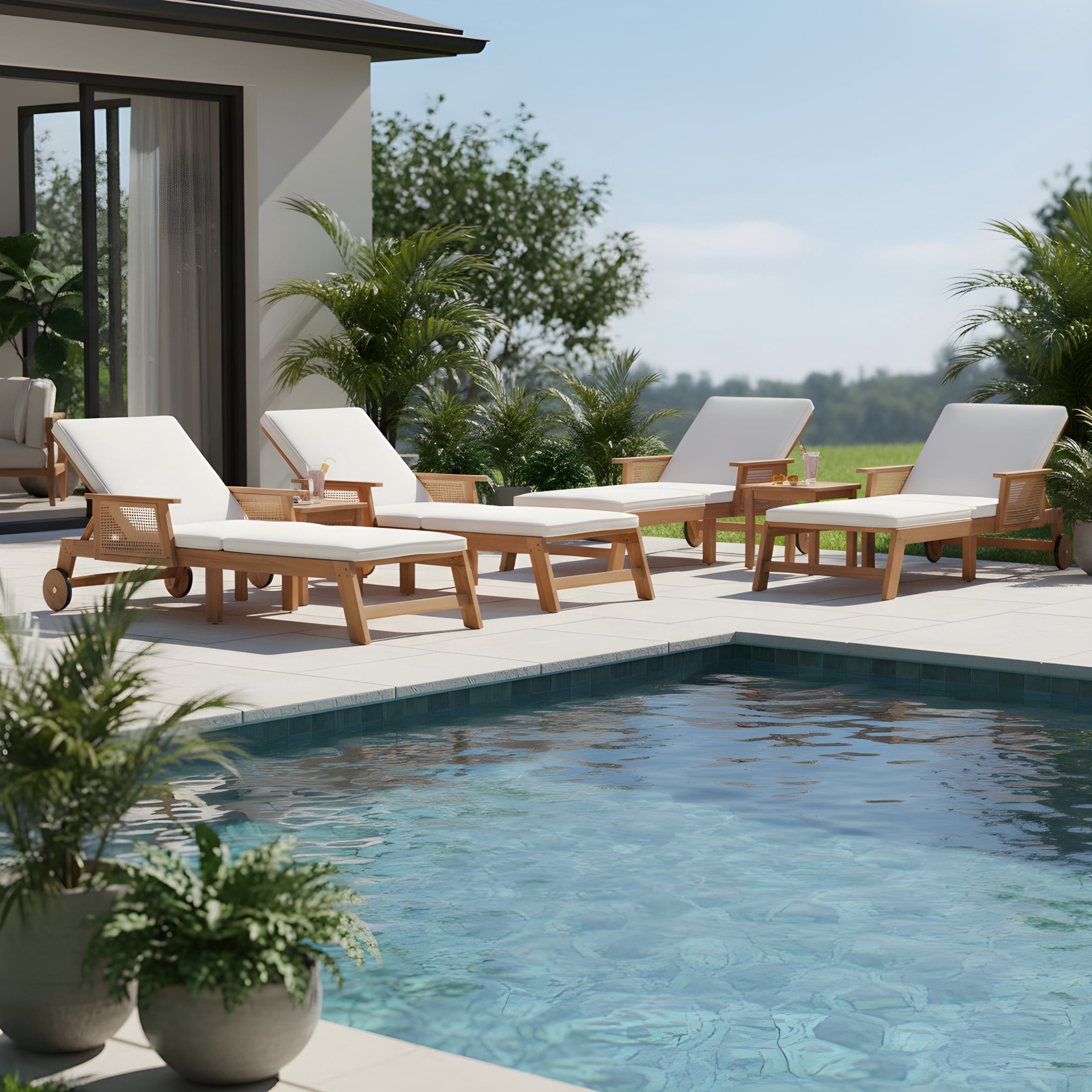 Christopher Knight Home Outdoor Chaise Lounge with Cushion, Adjustable Backrest, Set of 4, Light Teak
