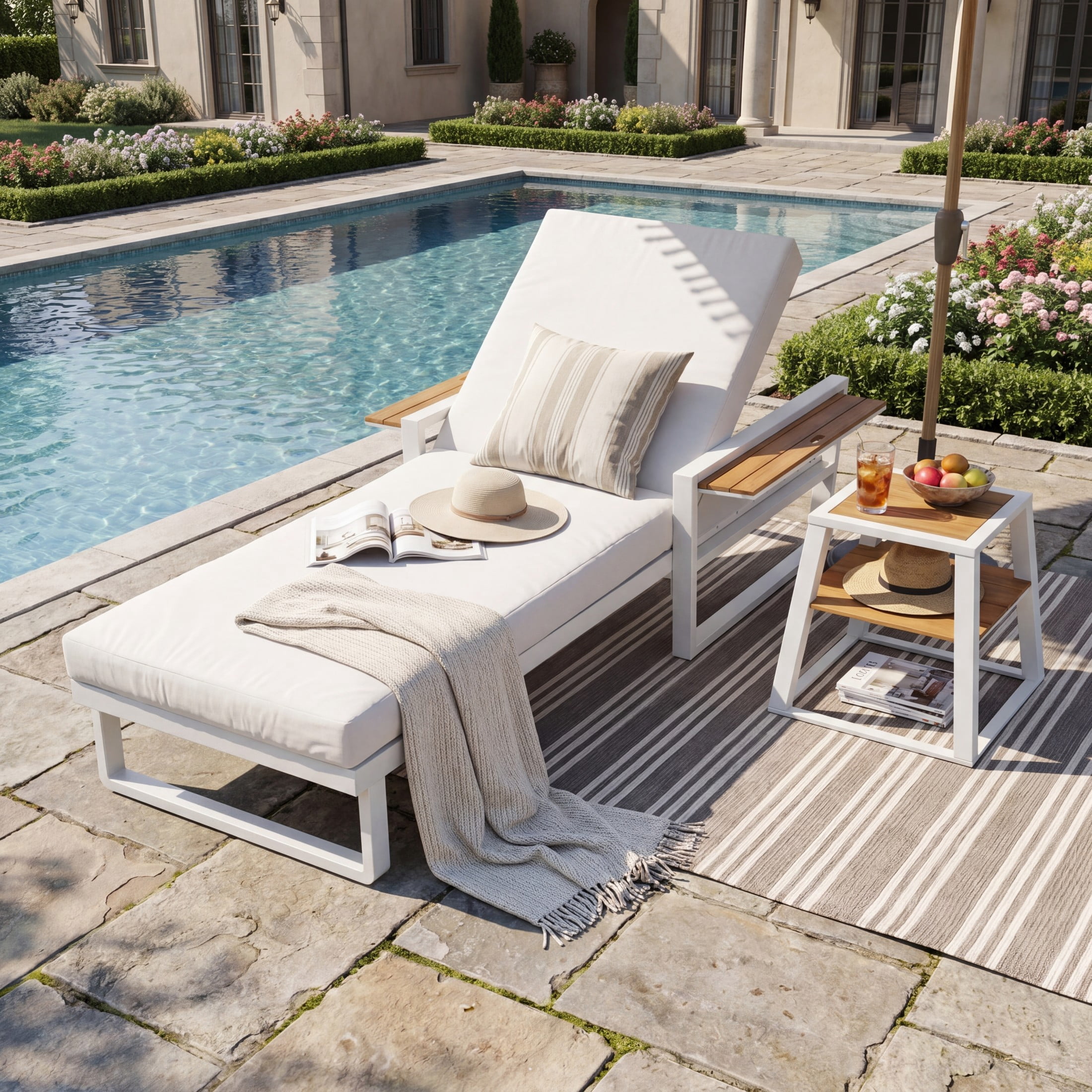 Christopher Knight Home Outdoor Chaise Lounge with Cushion, Adjustable Backrest, White + Cream
