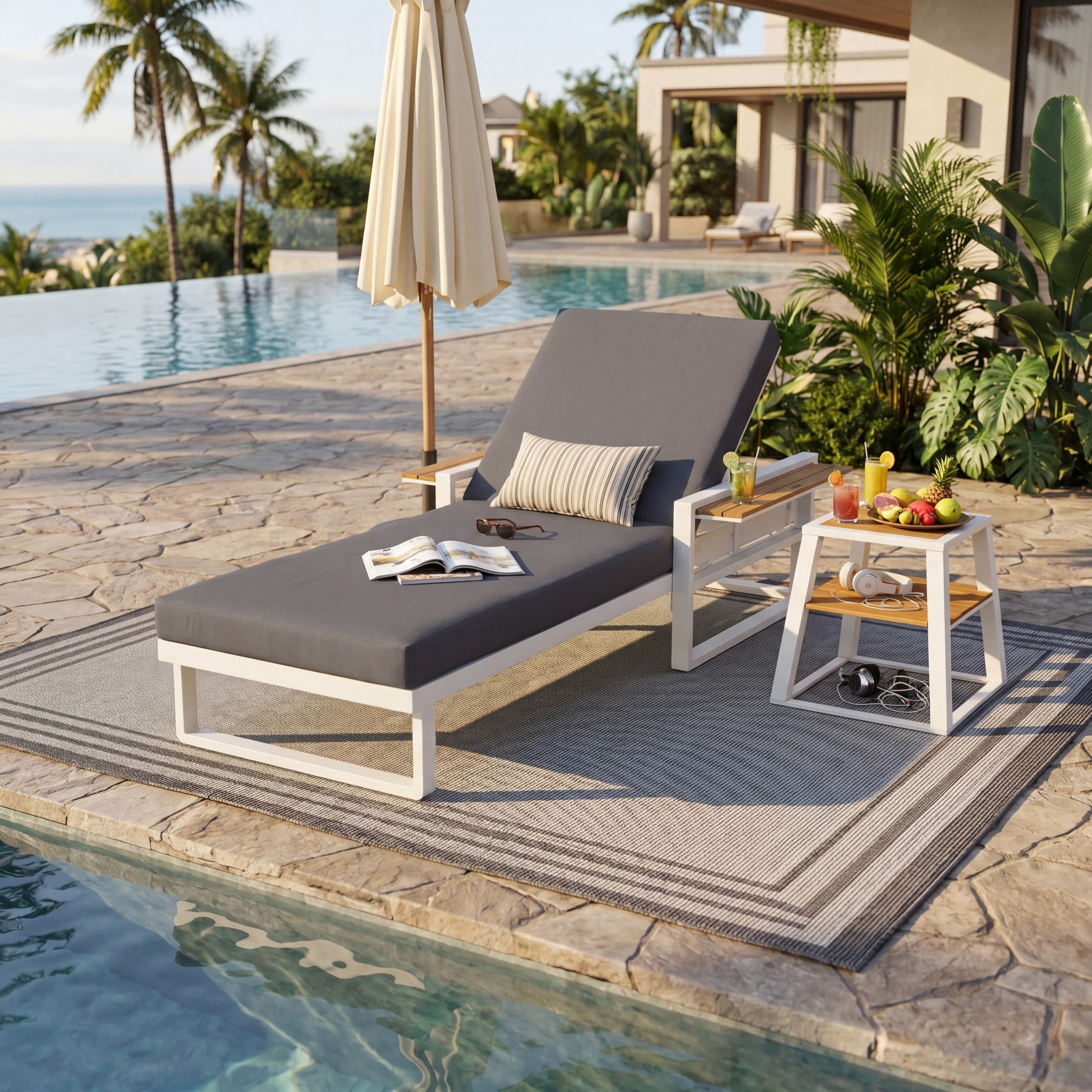 Christopher Knight Home Outdoor Chaise Lounge with Cushion, Adjustable Backrest, White + Dark Gray