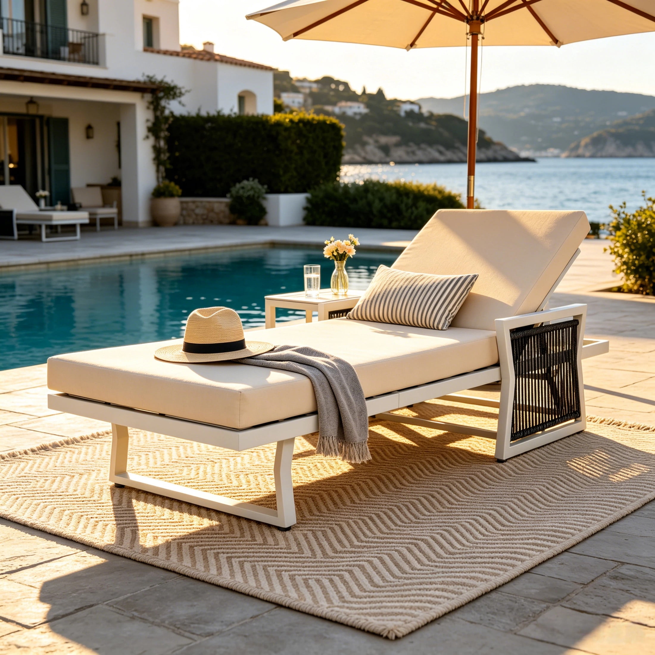 Christopher Knight Home Outdoor Chaise Lounge with Cushion, Adjustable Iron Recliner, White + Cream