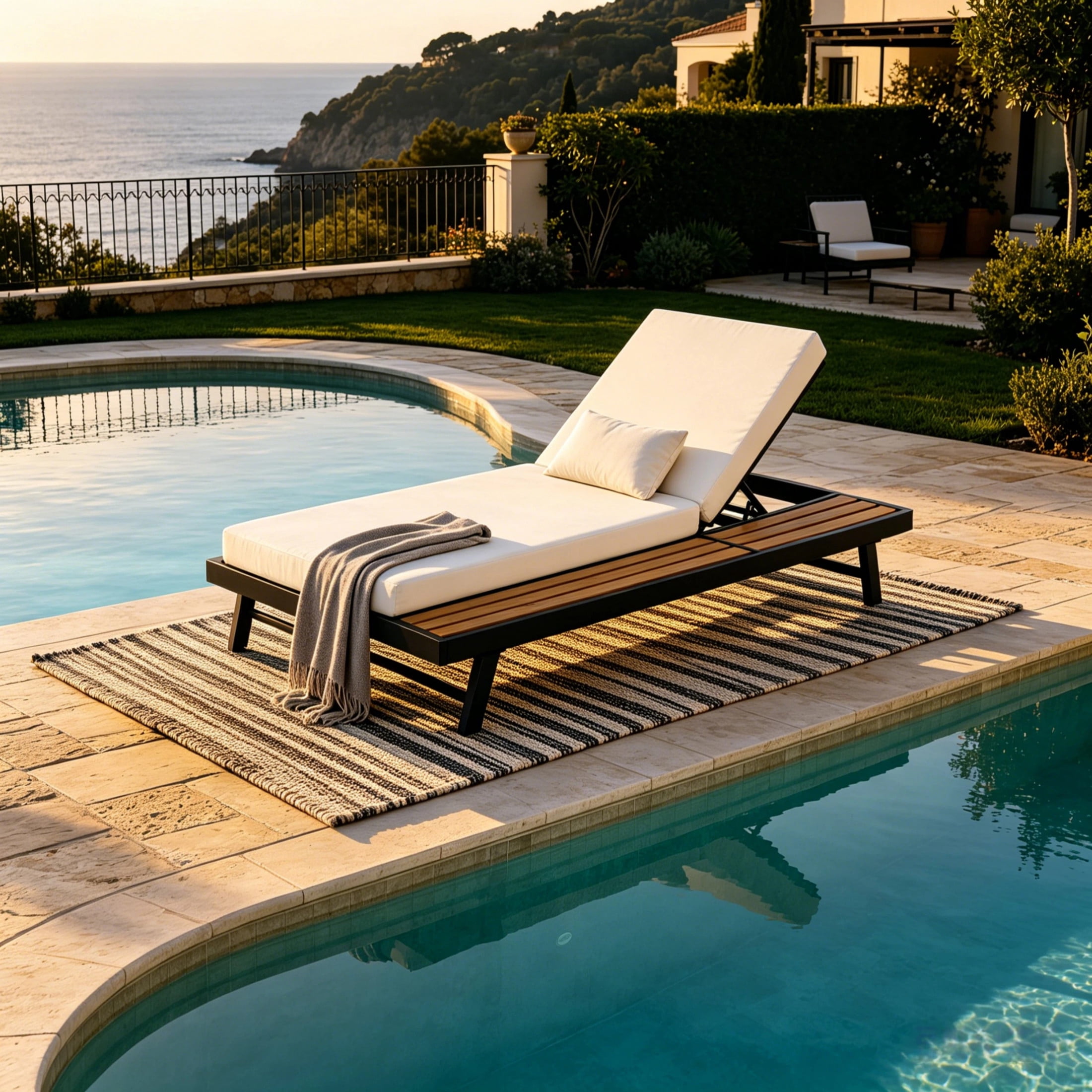Christopher Knight Home Outdoor Chaise Lounge with Cushion, Iron Frame and Wooden Side Shelf, Black+Cream