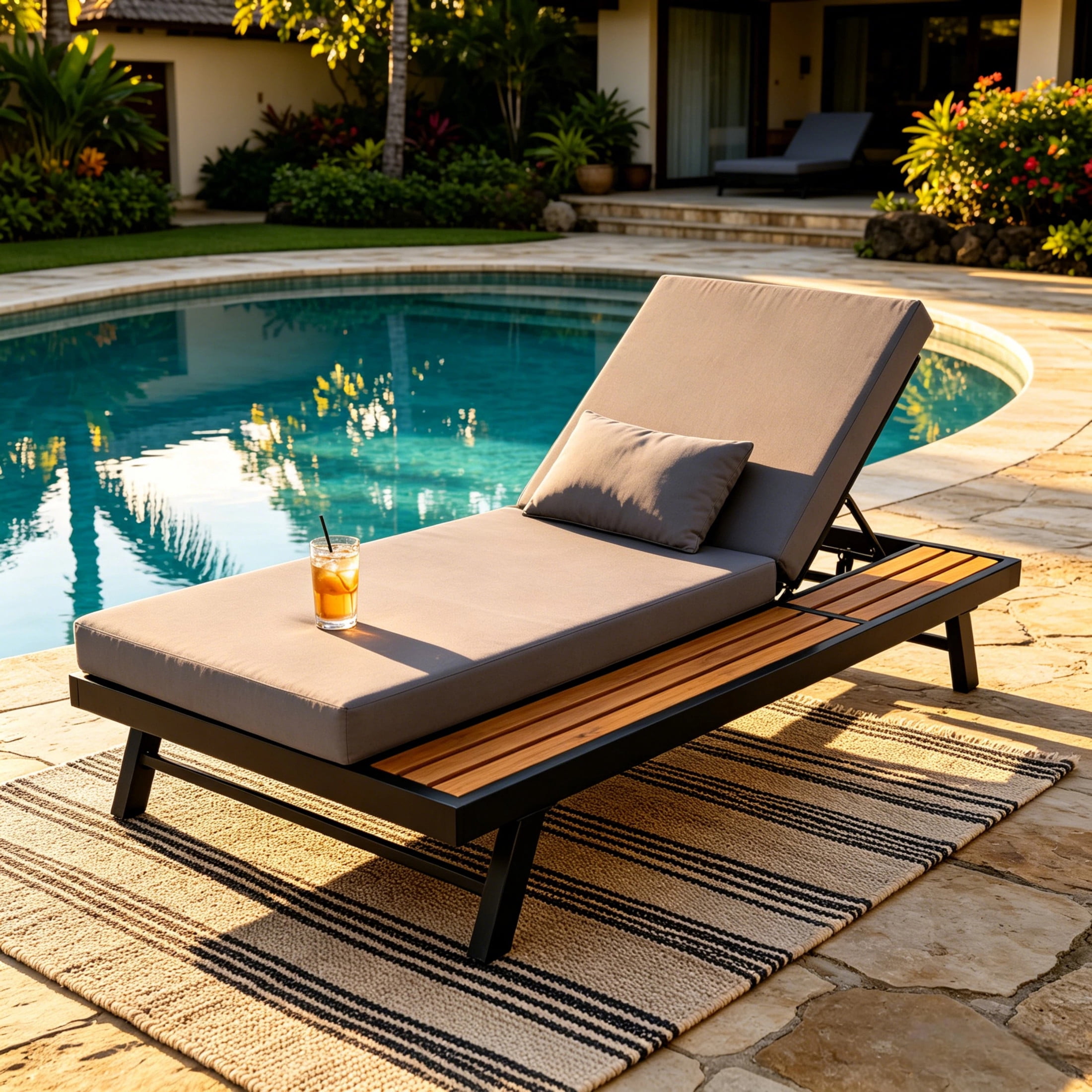Christopher Knight Home Outdoor Chaise Lounge with Cushion, Iron Frame and Wooden Side Shelf, Black+Dark Gray