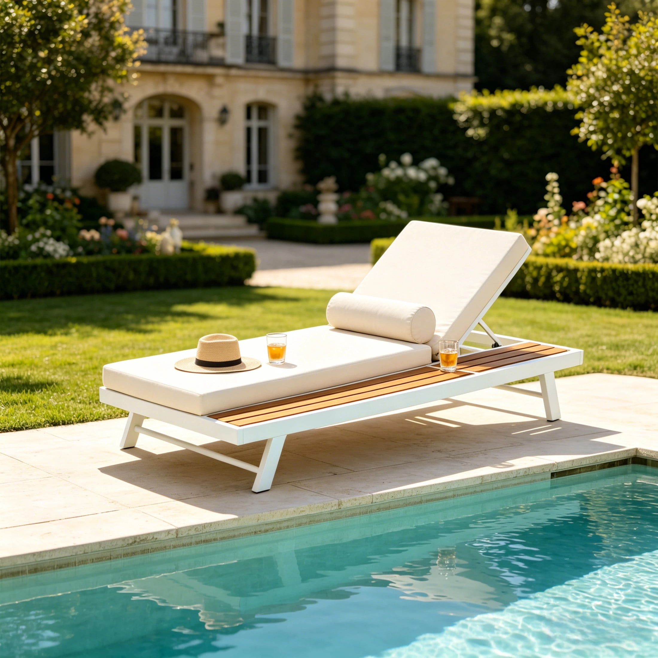 Christopher Knight Home Outdoor Chaise Lounge with Cushion, Iron Frame and Wooden Side Shelf, White+Cream