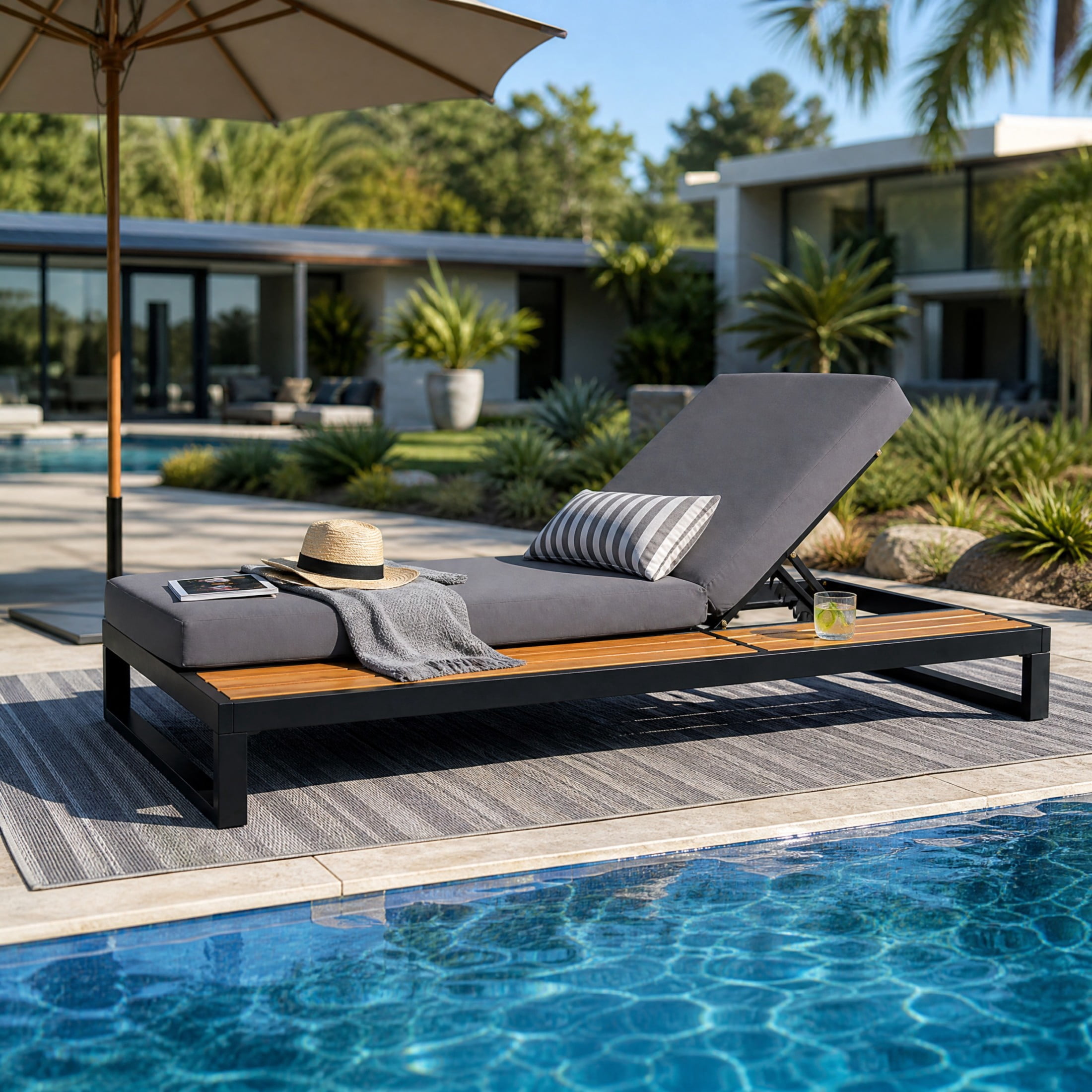 Christopher Knight Home Outdoor Chaise Lounge with Dark Gray Cushion, 5-Position Recliner, Black
