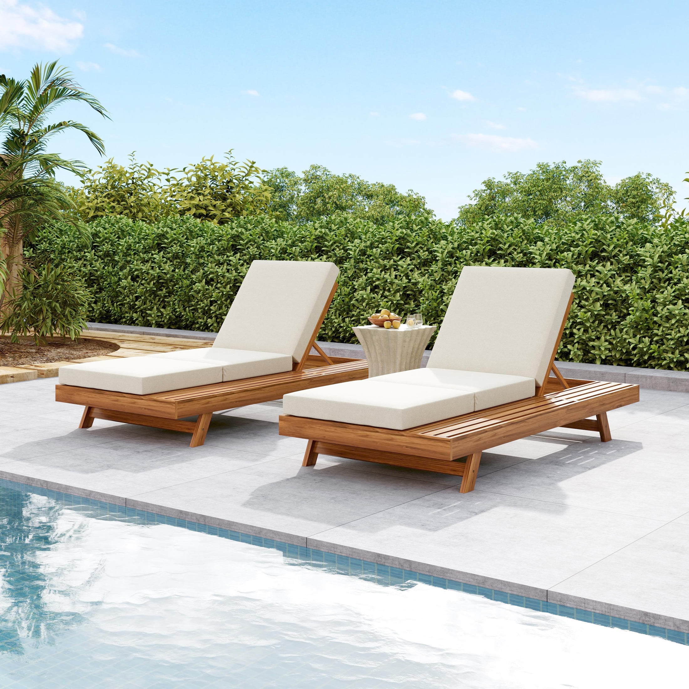 Christopher Knight Home Outdoor Chaise Lounge with Tri-Folding Cushion, Adjustable 4-Position Backrest, Cream, Set of 2